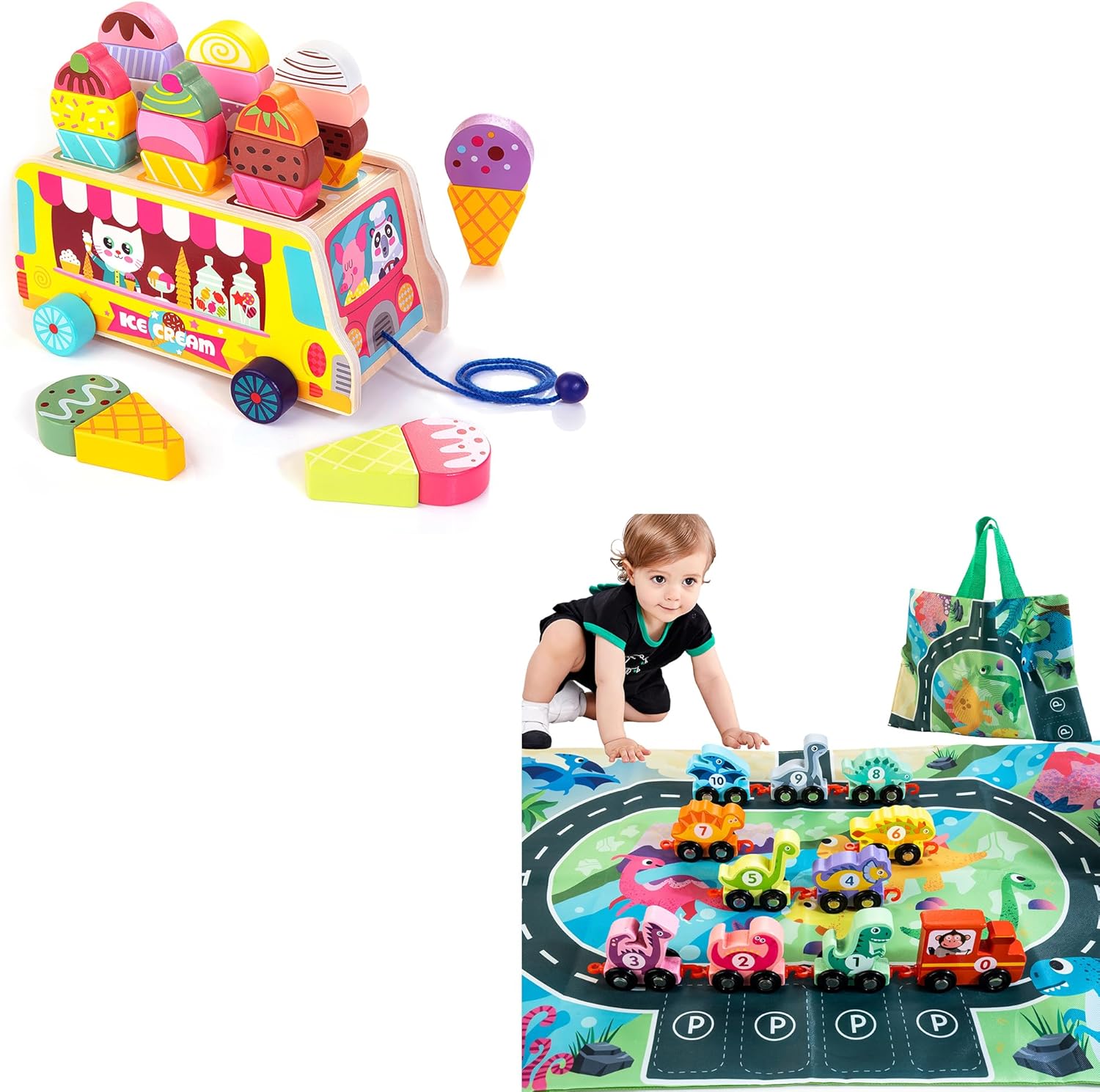 Wooden Ice Cream Truck Bundle with Wooden Dinosaur Train Set