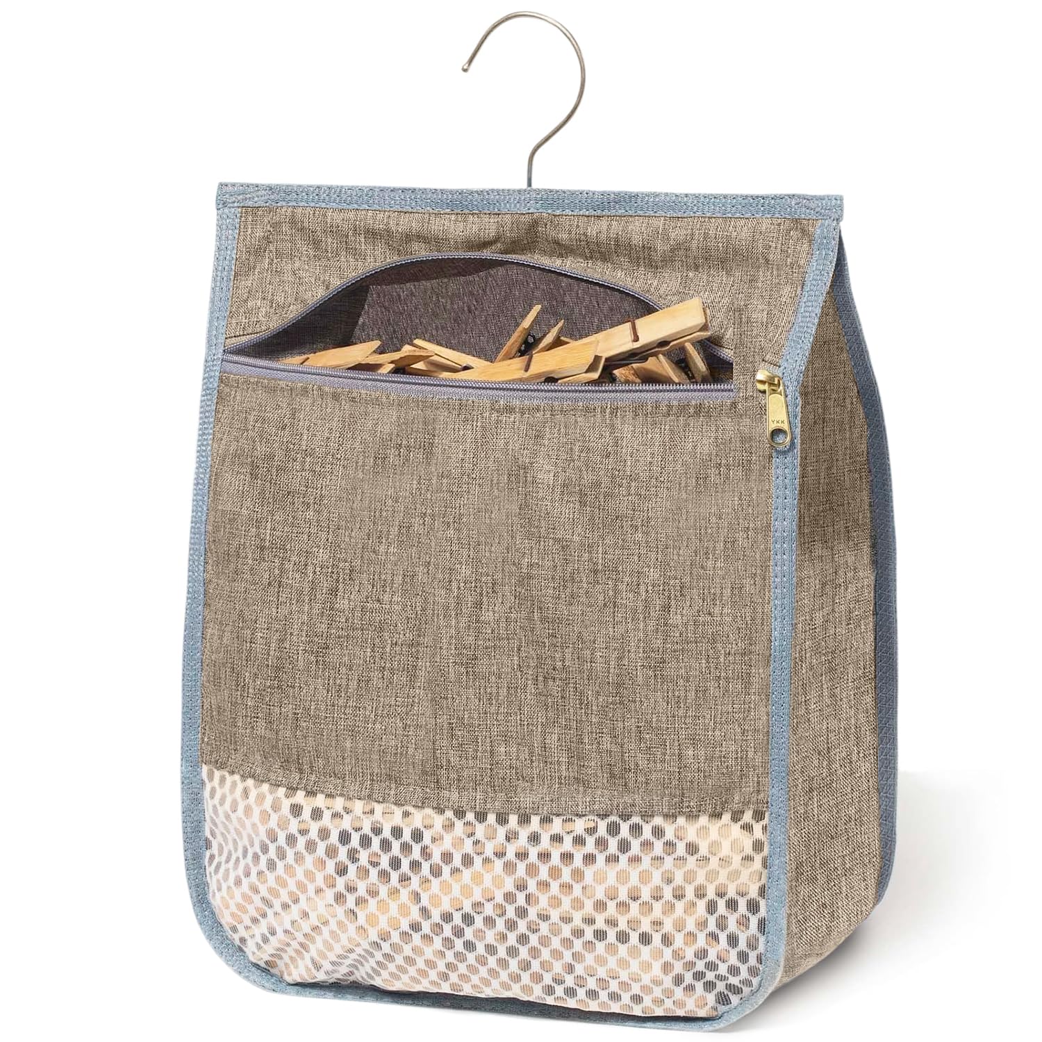 Peg Bag with Zipper, Large Peg Basket for Washing Line, Hanger Hook for Hanging, durable peg basket, 360° Rotation, Multi-Use Clothes Pegs Bag for Laundry & Outdoor Clothesline, 11.8x9 in, Khaki