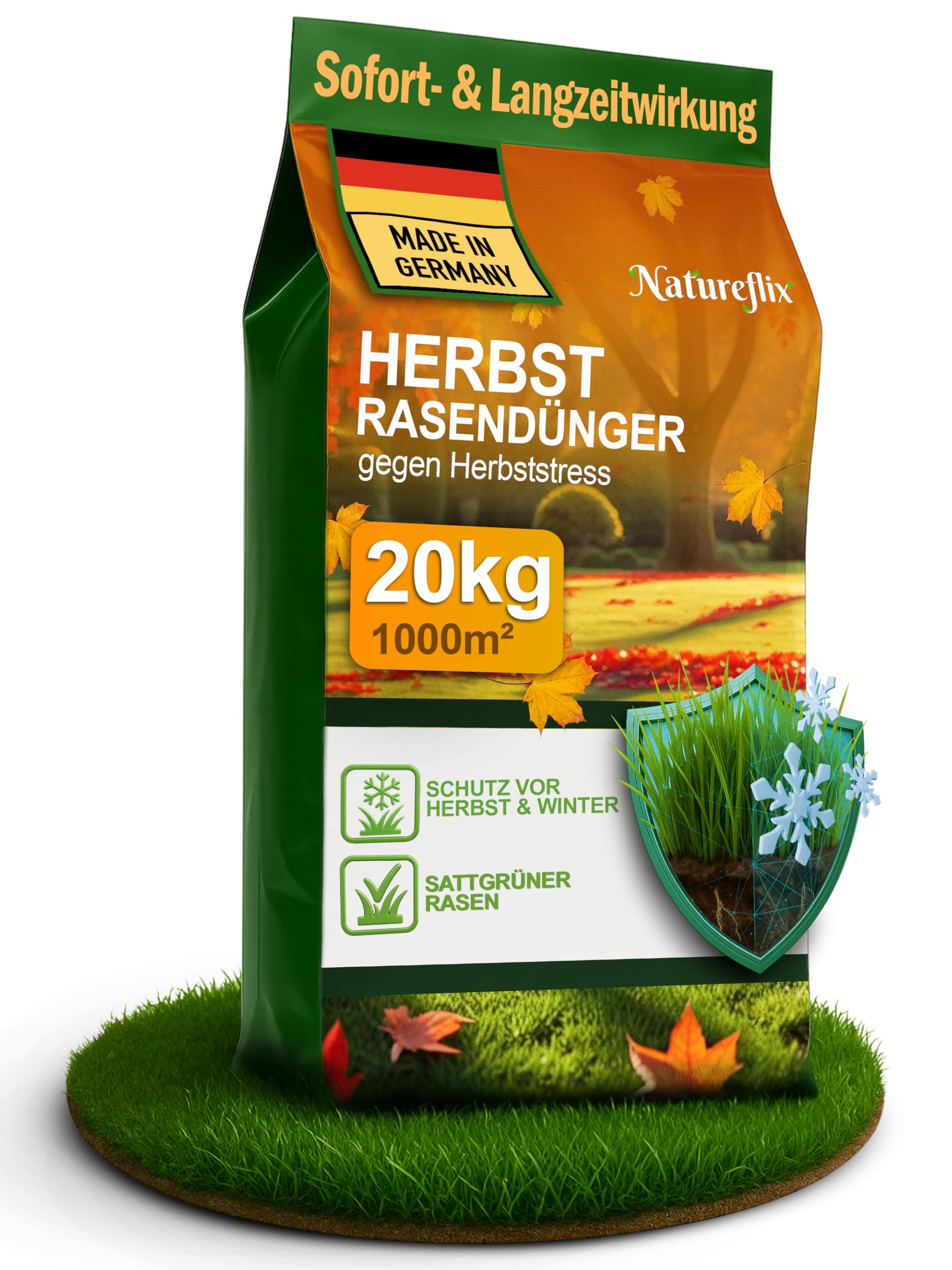 Herbstdünger Rasen | Herbstrasendünger staubarm | mit Winterschutz | Körnung 2–5 mm | Rasendünger Herbst ist Kind- & tierfreundlich (Herbstdünger, 20kg für 1000m²)