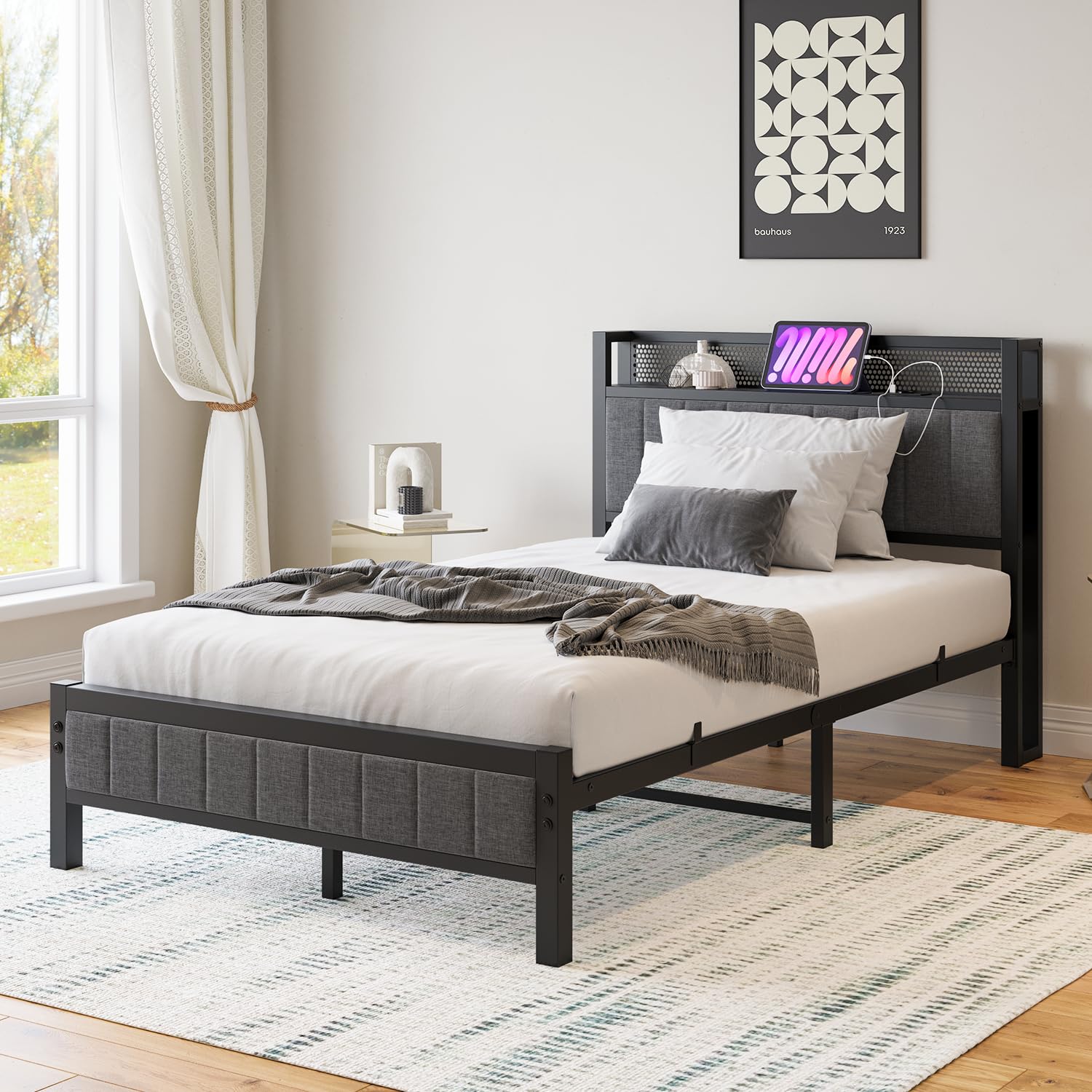 Struttura per letto matrimoniale/singolo con stazione di ricarica - Letto aggiuntivo in metallo - 120 x 200 cm - Per camera - Grigio