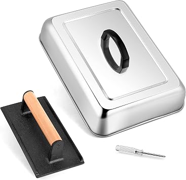 HaSteeL 13 x 9.75In Melting Dome & 8 x 4In Burger Press, Rectangular Basting Steam Cover with Bacon Press, Metal Griddle Accessories for Flat Top Teppanyaki Hibachi Grilling Cooking BBQ, Easy to Clean