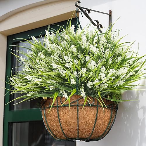 Miniatura 5 de 20 paquetes de plantas artificiales para exteriores, hierba falsa de mono con flores (blanco)