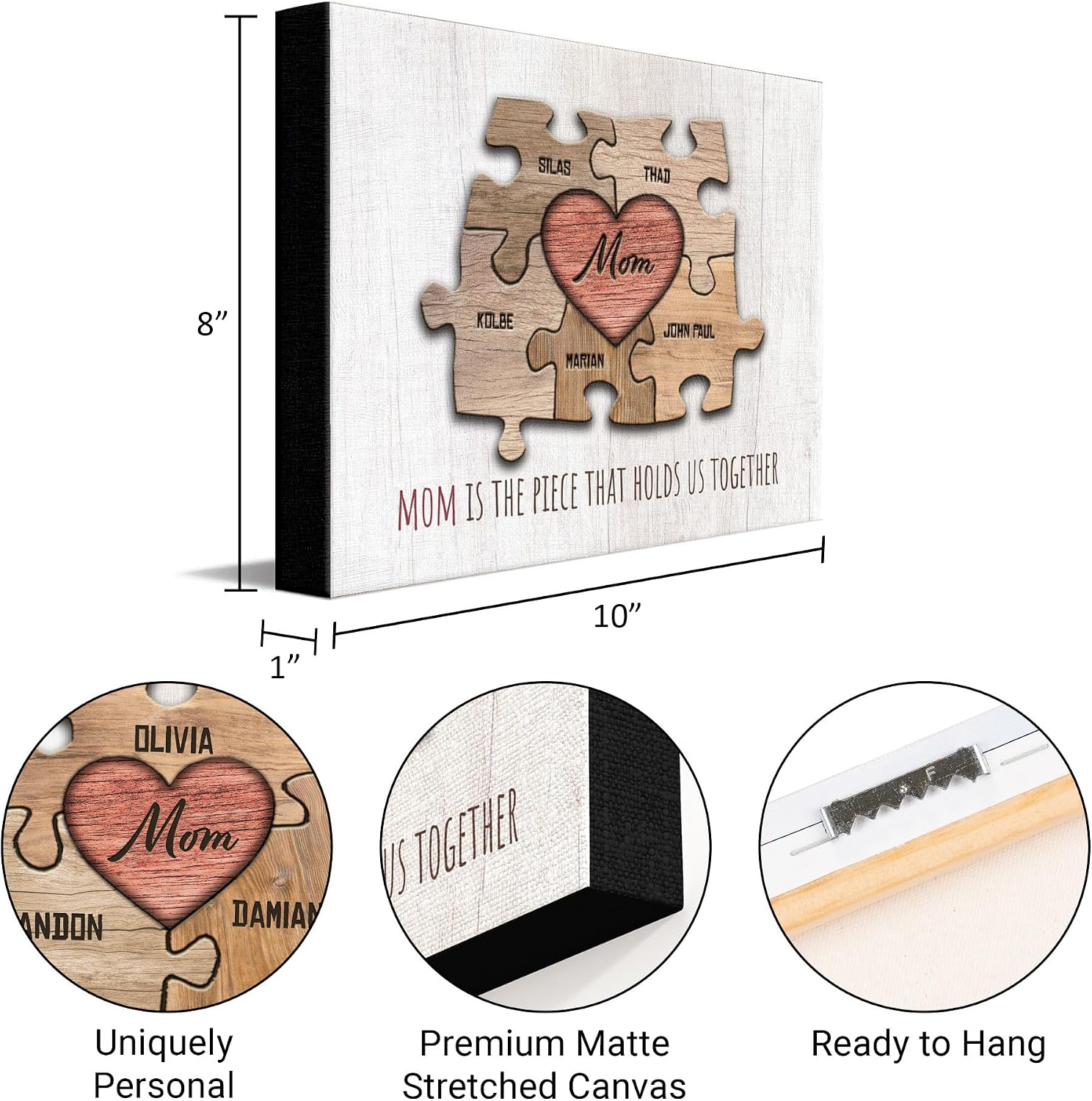Personal-Prints MOM & Children Personalized HEART Puzzle Wall Art | Unique Customized with 1-8 Kid’s Names | Meaningful Mother’s Day, Birthday or Gift for Mom (8"x10" Stretched Canvas, 1 Child)