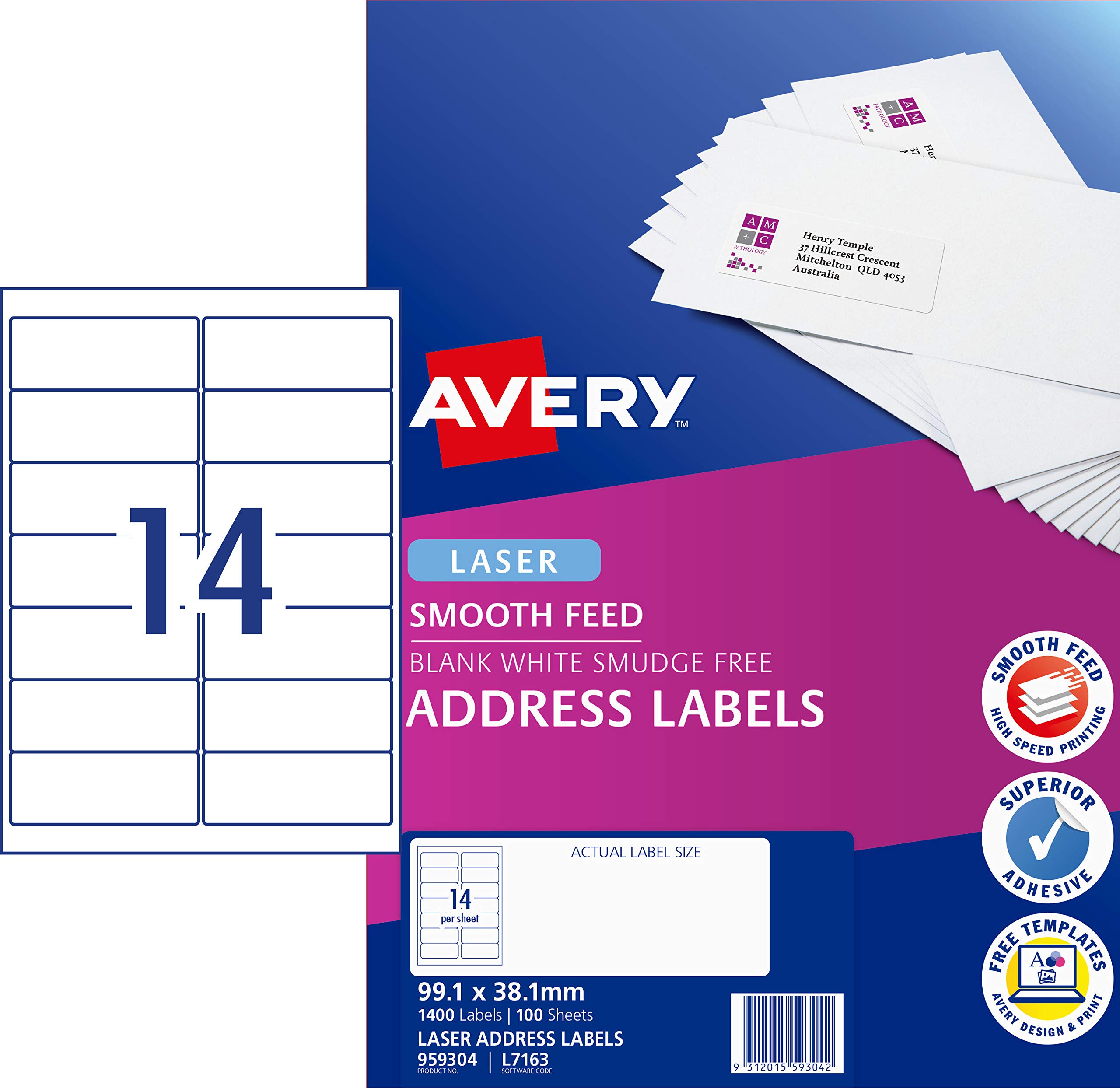 Avery L7163 - Etichette per indirizzi di alimentazione liscia, 99,1 x 38,1 mm, 1400 etichette (959304 / L7163)