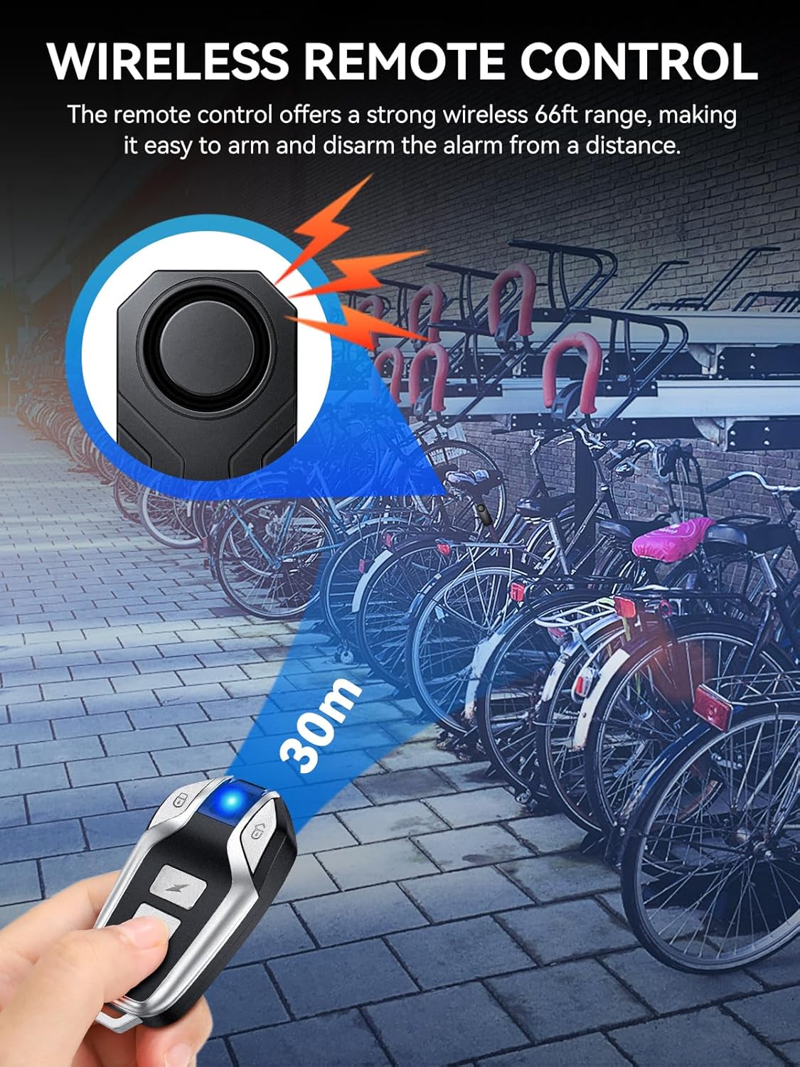 The Onvian bike alarm shown mounted on a bicycle frame, with water droplets indicating its IP65 water resistance, suitable for various weather conditions.