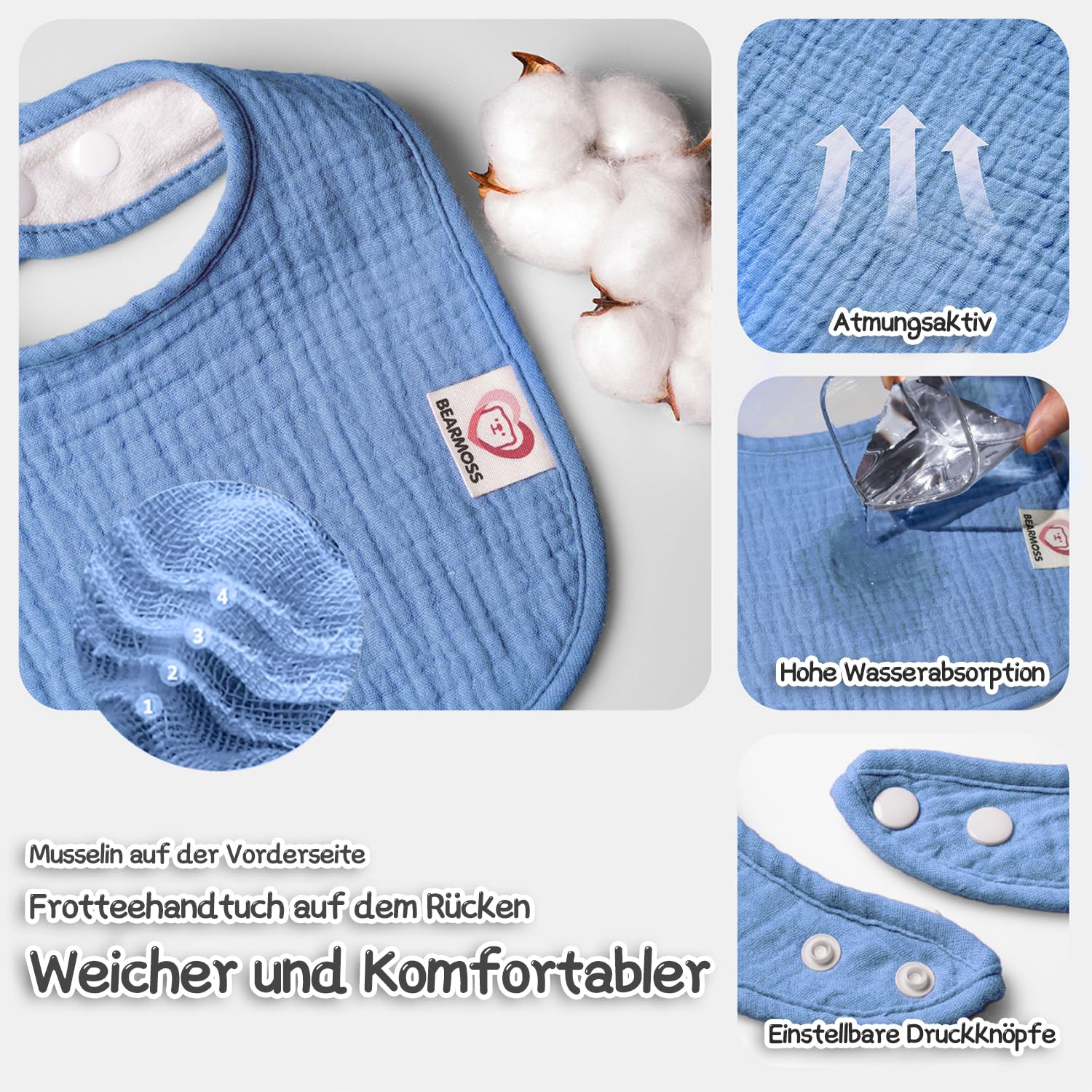 bearmoss Bavaglino Neonato, 100% Cotone, Bavaglino Quadrato per Bambini, Bavaglini Regolabili, Morbidi Bavaglini per Bambini e Bambine, 8 Pezzi