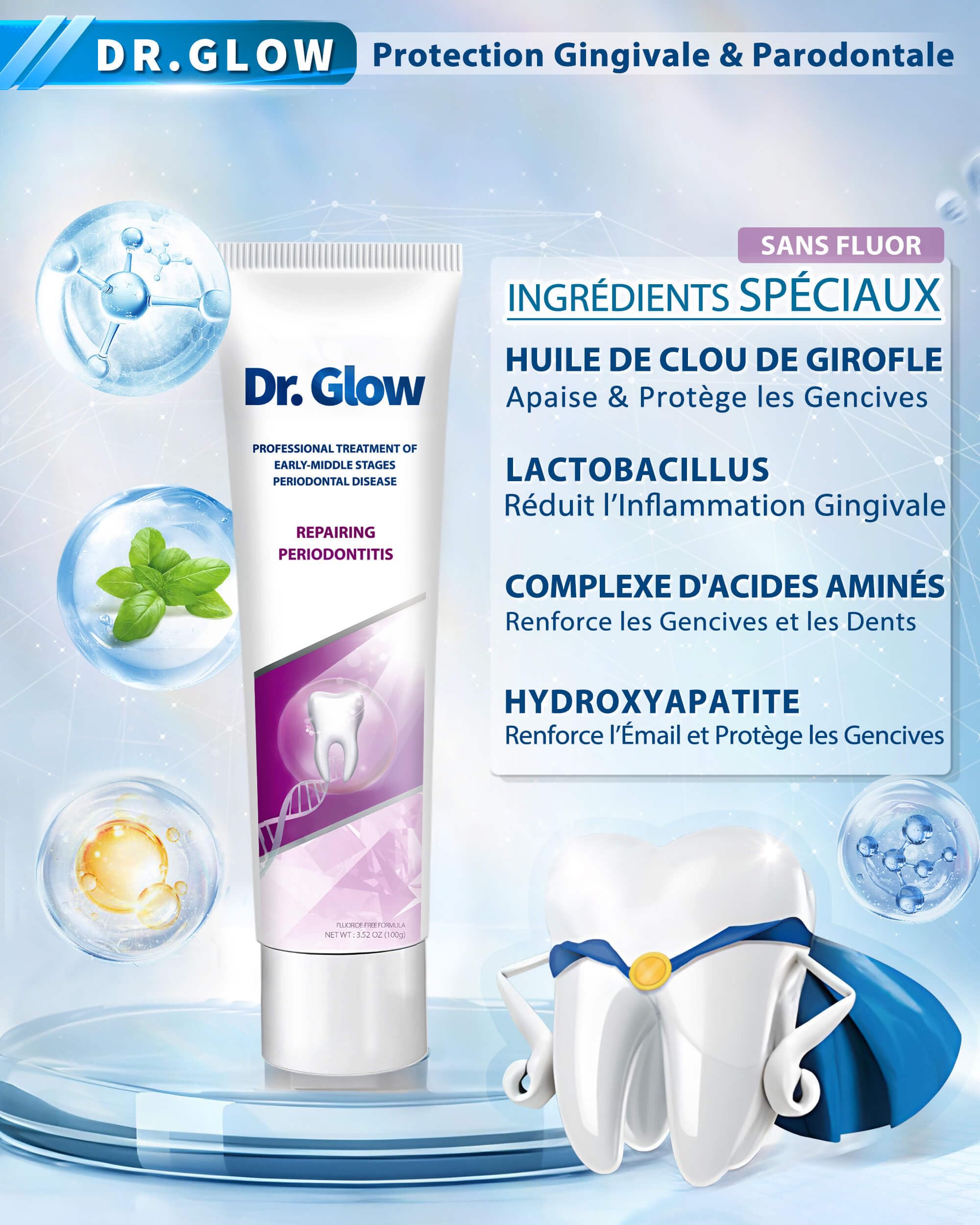 Dr. Glow Dentifrice Réparation pour Gencives Rétractées et Sensibles, Gingivite et Parodontite, Soins des Gencives Saignantes, Protection, Sans Fluor 100g (Lot de 2)