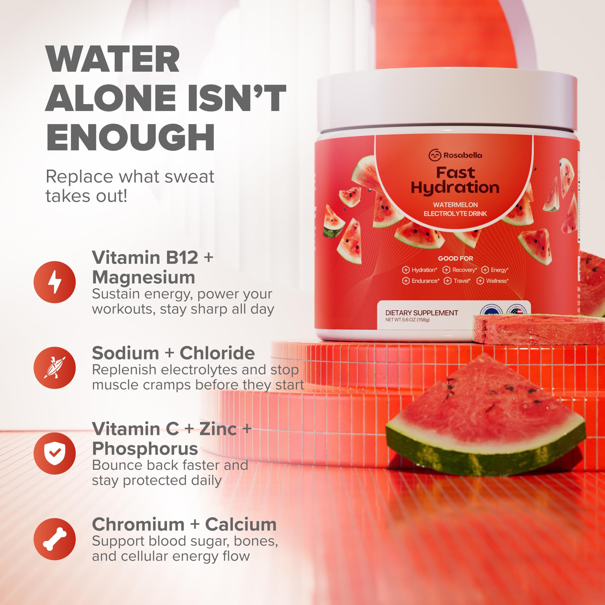 Rosabella Electrolyte Drink Powder – Watermelon – Sugar-Free Hydration Drink Mix – Electrolytes Powder with Sodium, Potassium, Magnesium, Calcium – Travel Jar – 30 Servings (5.6 oz)
