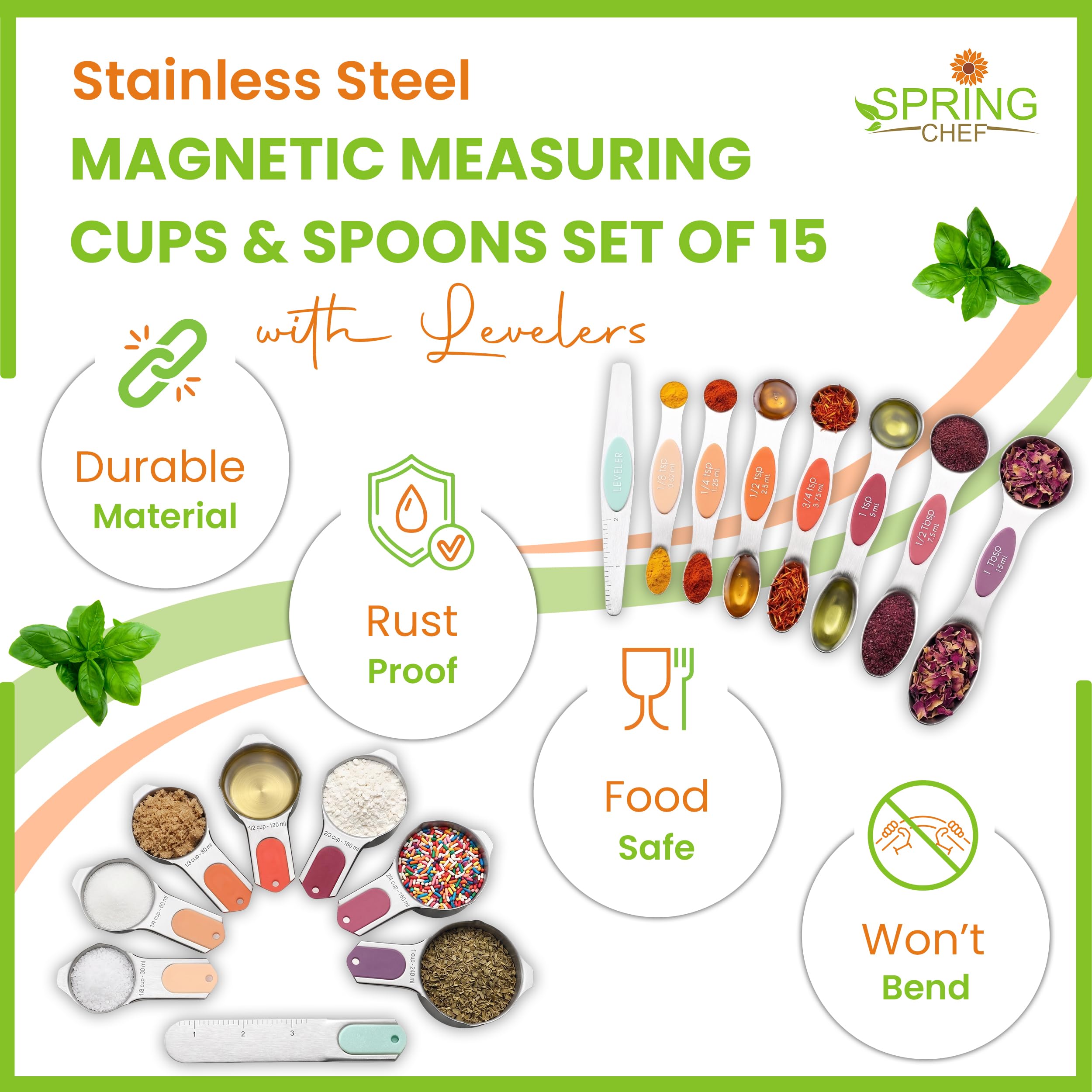 Spring Chef 16 magnetische Messbecher und Löffel, patentiert, Desert Sunset | Edelstahl-Messbecher und robuste Metall-Messlöffel mit Nivellierern für trockene und flüssige Zutaten