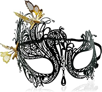 Gudahwer Masquerade Mask for women Venetian Halloween Laser Cut Metal Mask Carnival Party Mardi Gras Evening Prom Costume Accessory Luxury Style black with butterfly elastic strap