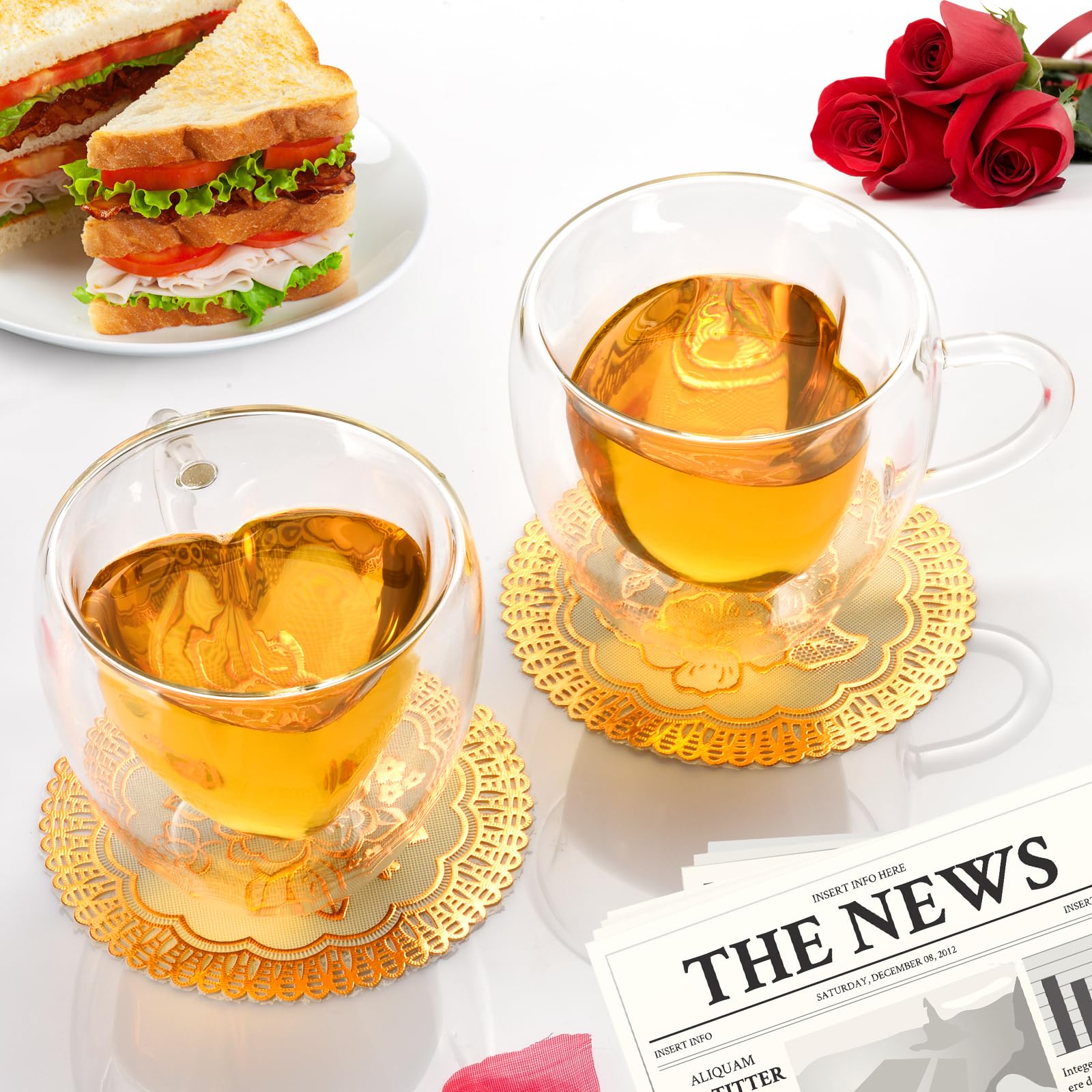 QHYK Double Wall Heart Shaped Coffee Mugs, Set of 2, with Non-Slip Coasters and Artificial Rose Petals, for Coffee, Tea, Wine cup, Holidays, Party, Gifts, 8oz/240Ml