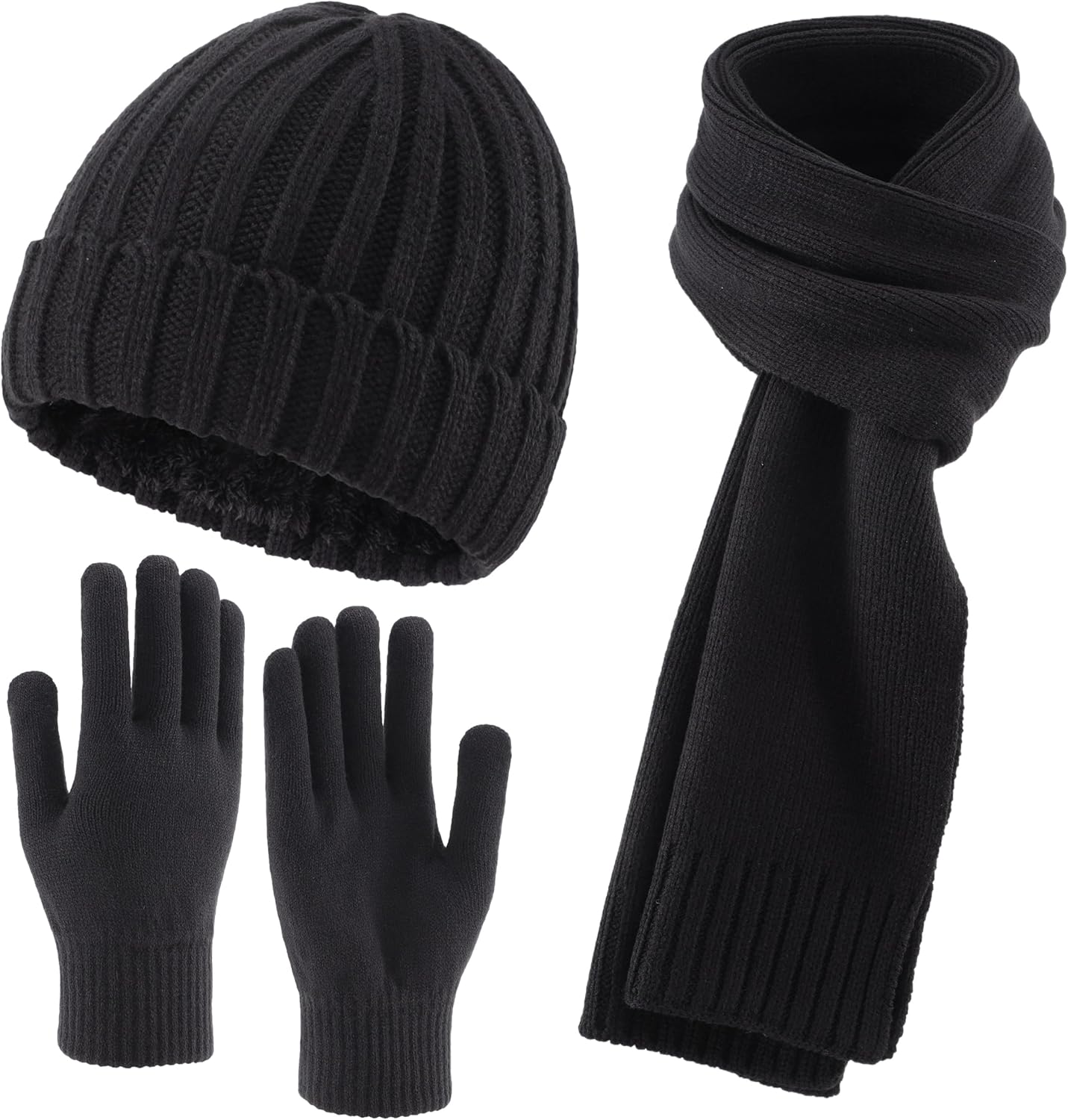 Connectyle 3 PCS Fleece Lined Cold Weather Set, Warm Winter Beanie Hat, Long Scarf and Touchscreen Gloves for Men & Women