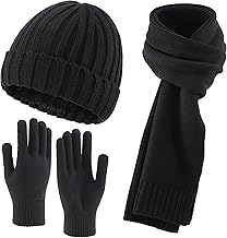 Connectyle 3 PCS Fleece Lined Cold Weather Set, Warm Winter Beanie Hat, Long Scarf and Touchscreen Gloves for Men & Women