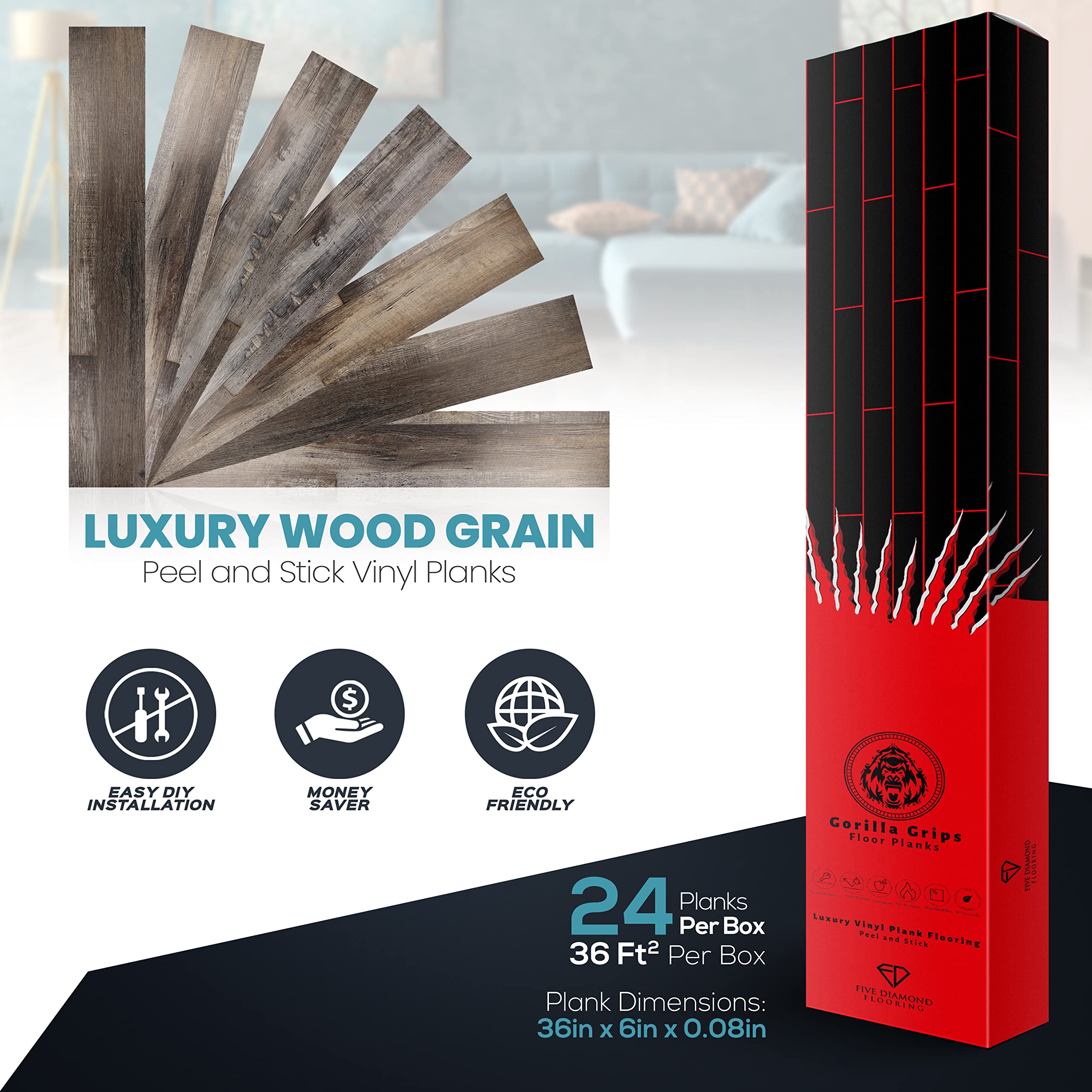 Gorilla Grips Floor Planks, Peel and Stick Floor Tile Wood Plank Visual, Easy DIY Installation