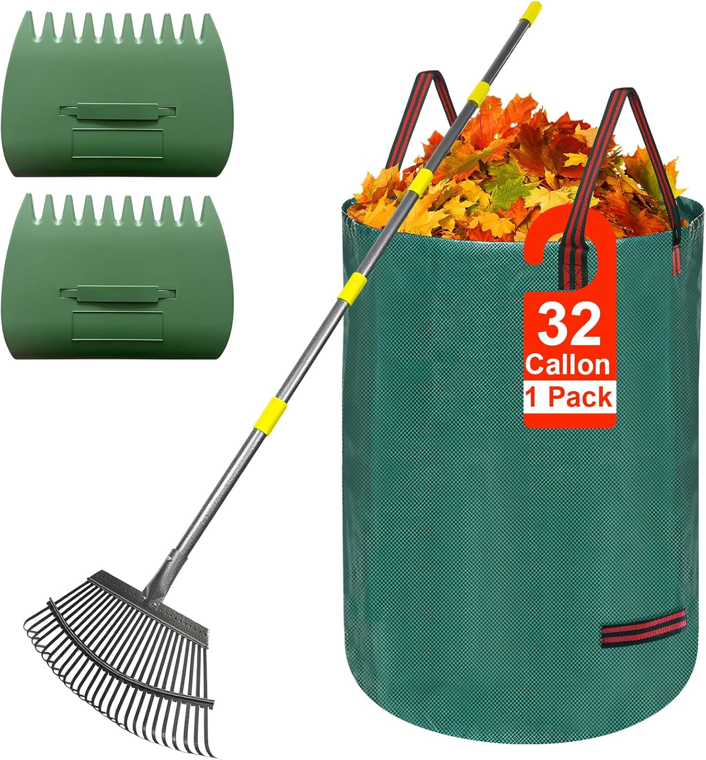 Adjustable Metal Leaf Rake Set, 38-73" Handle, 19" Wide with Gallon Leaf Bags & Leaf Grabbers – Heavy Duty Garden Rake for Lawns, Shrubs, Grass, Flower Beds & Outdoor Use