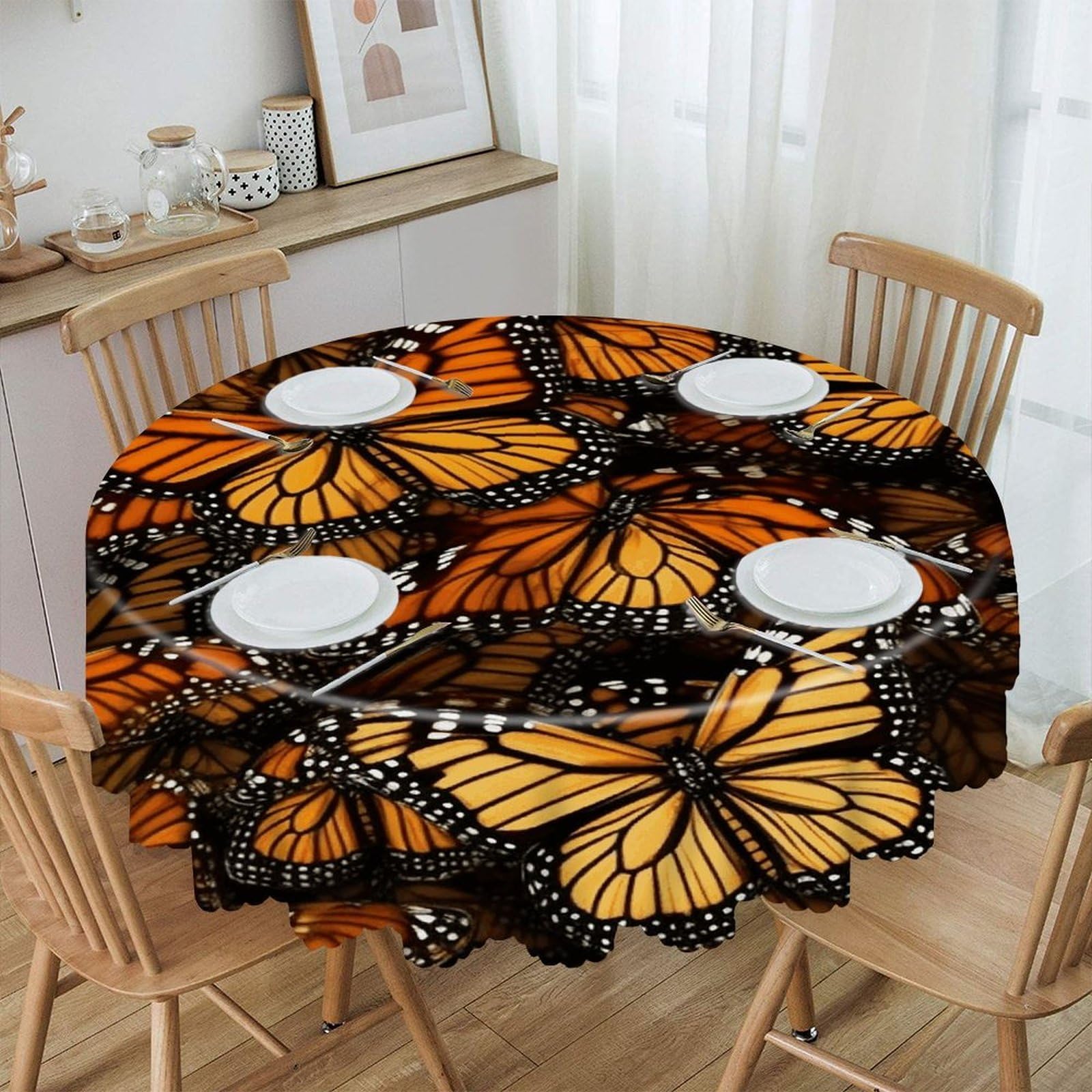 VstaDank Heaps of Orange Monarch Butterflies Round Tablecloth Premium Polyester Table Cloth Heavy Duty Washable Fabric Tablecloth Waterproof Holiday Table Cover Decorative Tablecloths for Dining 60"