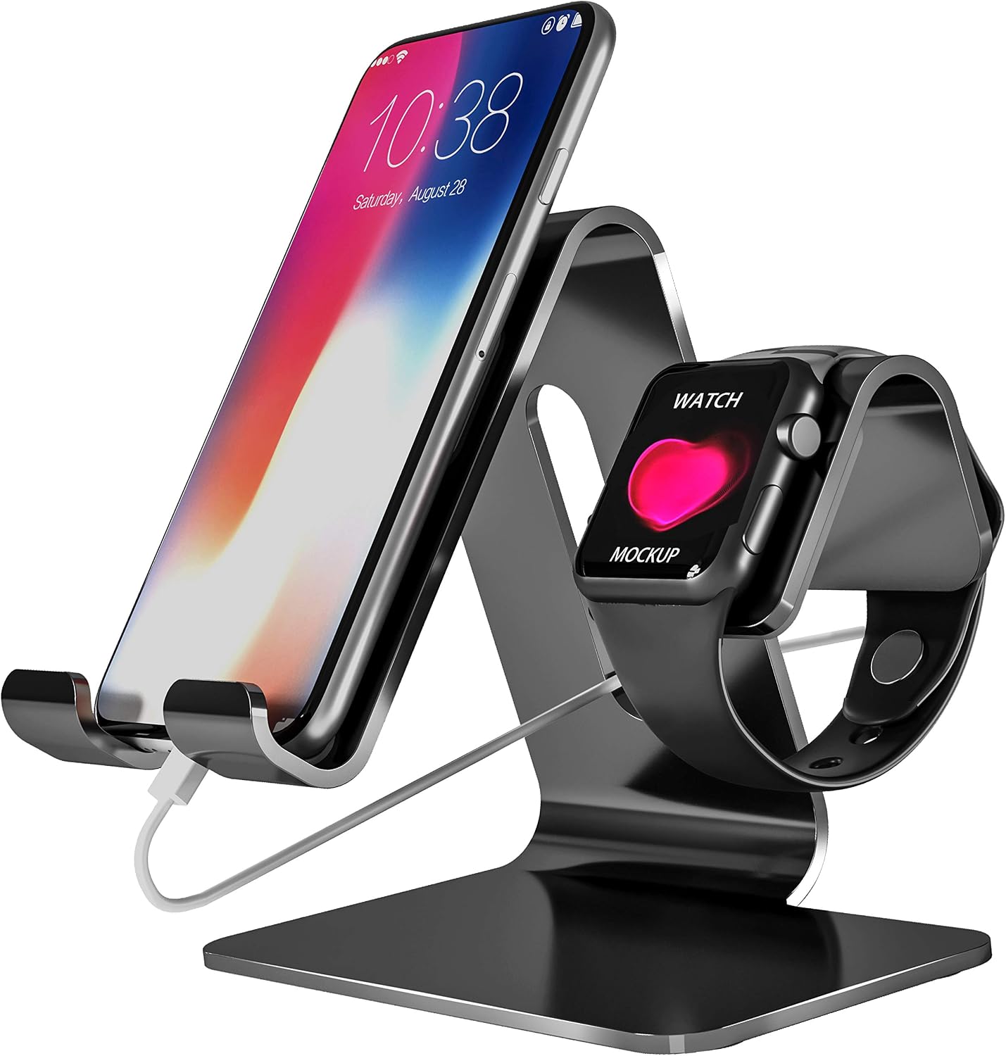 [Updated Version C] Nalostyle Cell Phone Stand Compatible iwatch Stand,2 in 1 Universal Aluminum Tablet Desktop Phone Stand Holder for Phone and iwatch(38mm-44mm),Tablets(Up to 12.9 inch)-Black