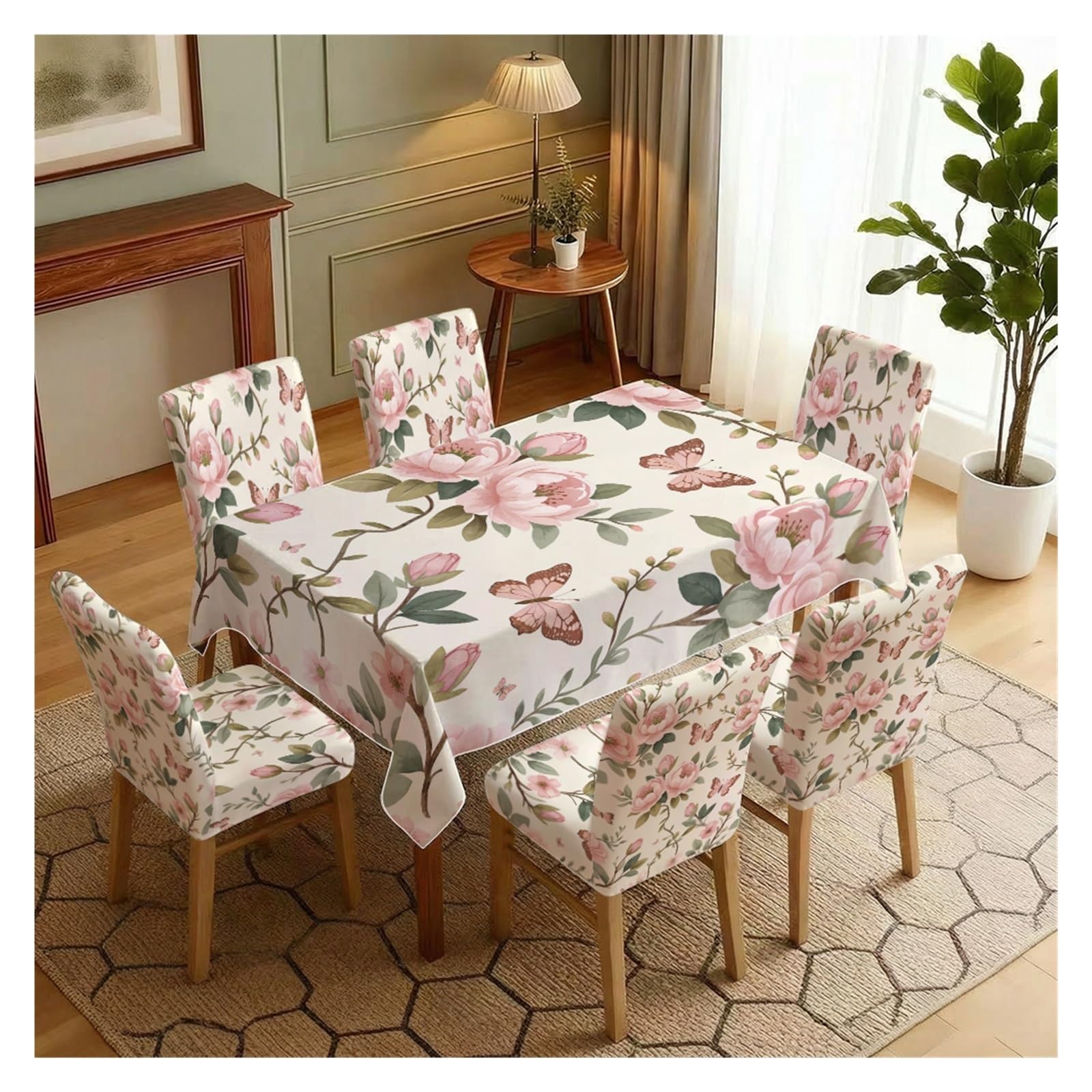 KXUAUV Stretch Dining Chair Slipcover & Tablecloth Set, Cream Base Pink Rose Vine Butterfly Print, 5/7 Pack, Romantic Cottagecore Garden Home Decor Party Decor(7pcs Set: Tablecloth+Chair Covers)