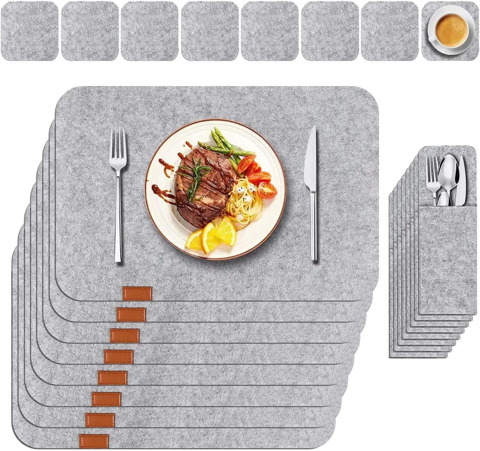 VAODO 24 Pcs Felt Placemats for Dining Table, Place mats Set of 8, Contains 8 Placemats, 8 Coasters and 8 Cutlery Bags, Non-Slip and Heat-Resistant, Suitable for Gathering, Friends Party, Light Gray