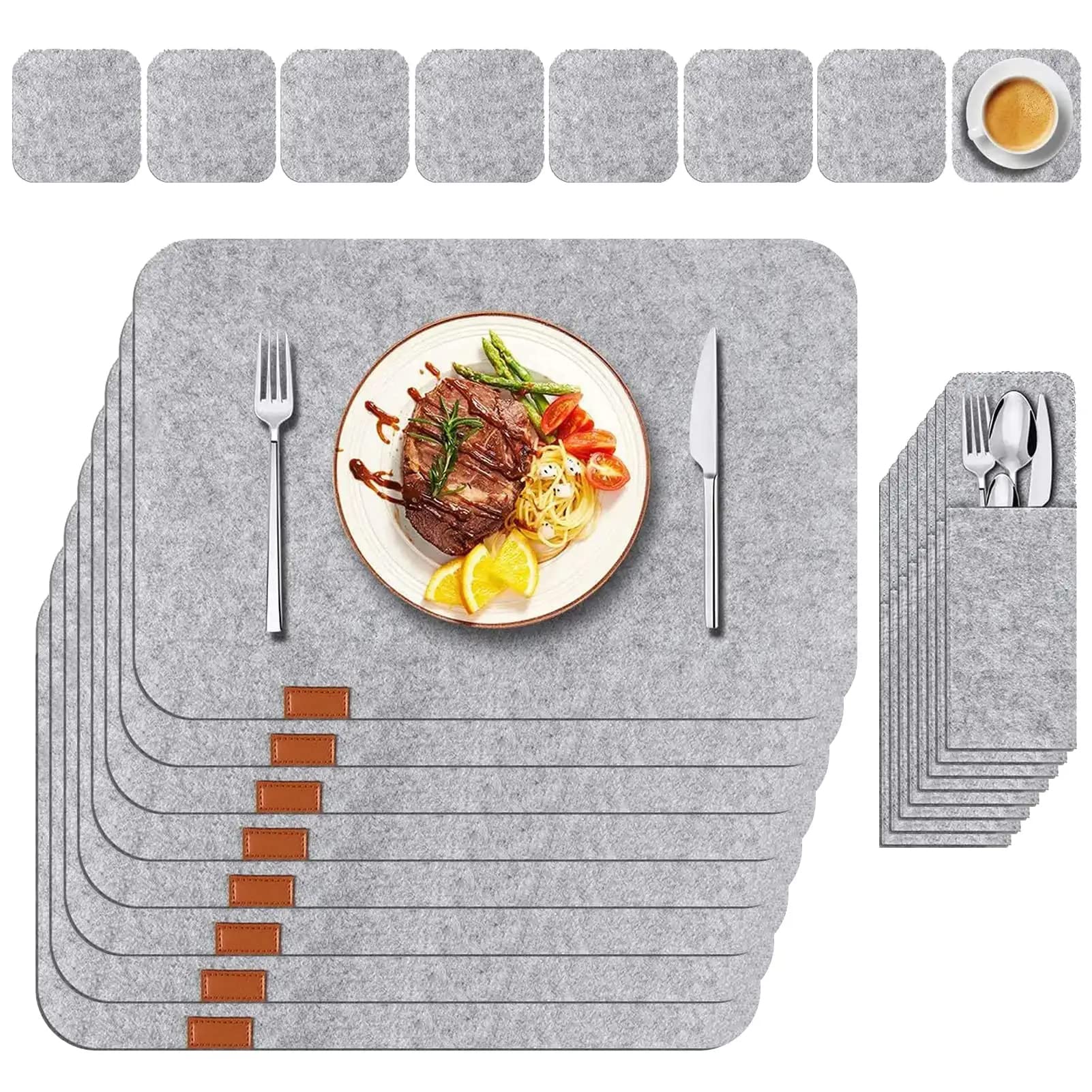 VAODO 24 Pcs Felt Placemats for Dining Table, Place mats Set of 8, Contains 8 Placemats, 8 Coasters and 8 Cutlery Bags, Non-Slip and Heat-Resistant, Suitable for Gathering, Friends Party, Light Gray