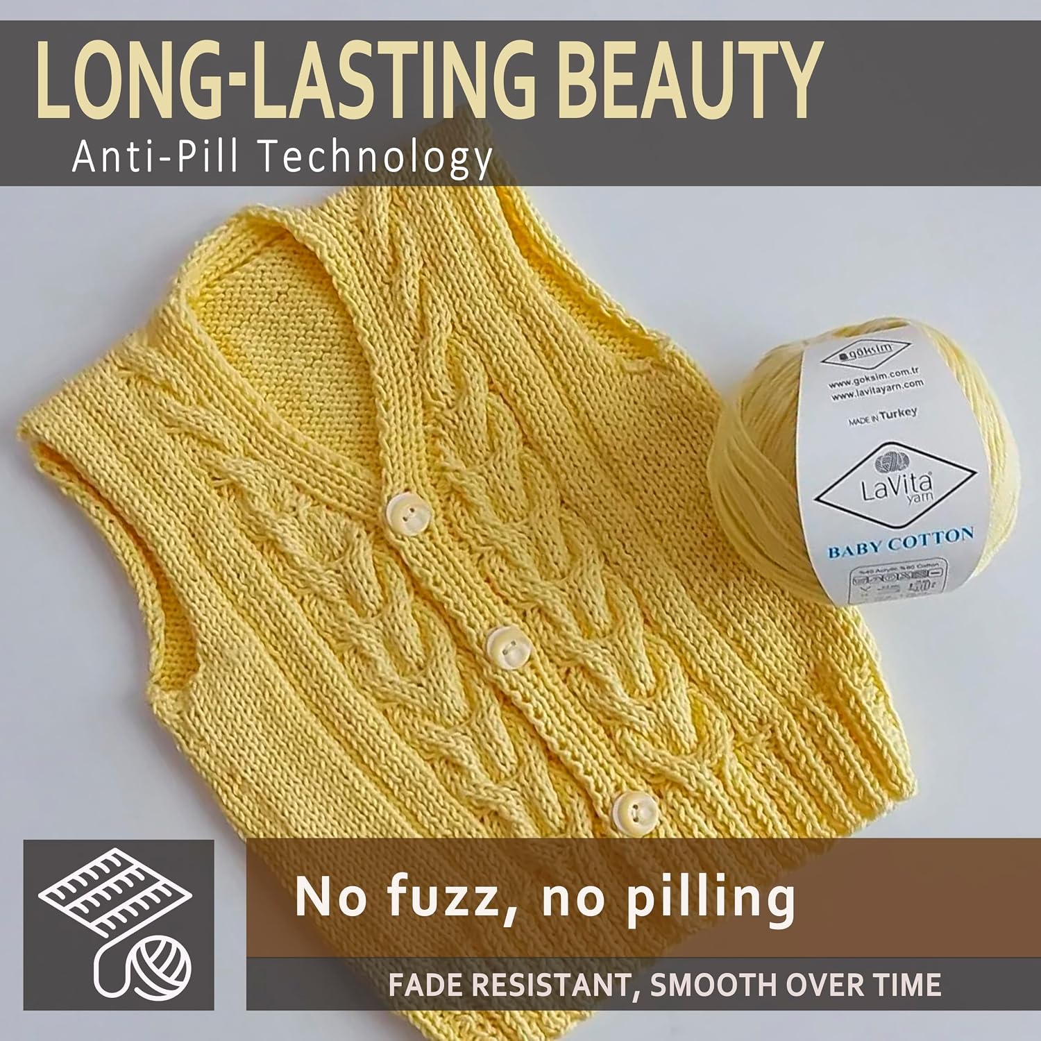 LaVita Premium 60% Cotton 40% Acrylic Blend Soft Anti-Pill Yarn - 2 Skeins Pack - 360 Yards 3.5 oz - Hypoallergenic Oeko-TEX Certified - for Knitting and Crocheting Baby Clothes Blankets Accessories image 5