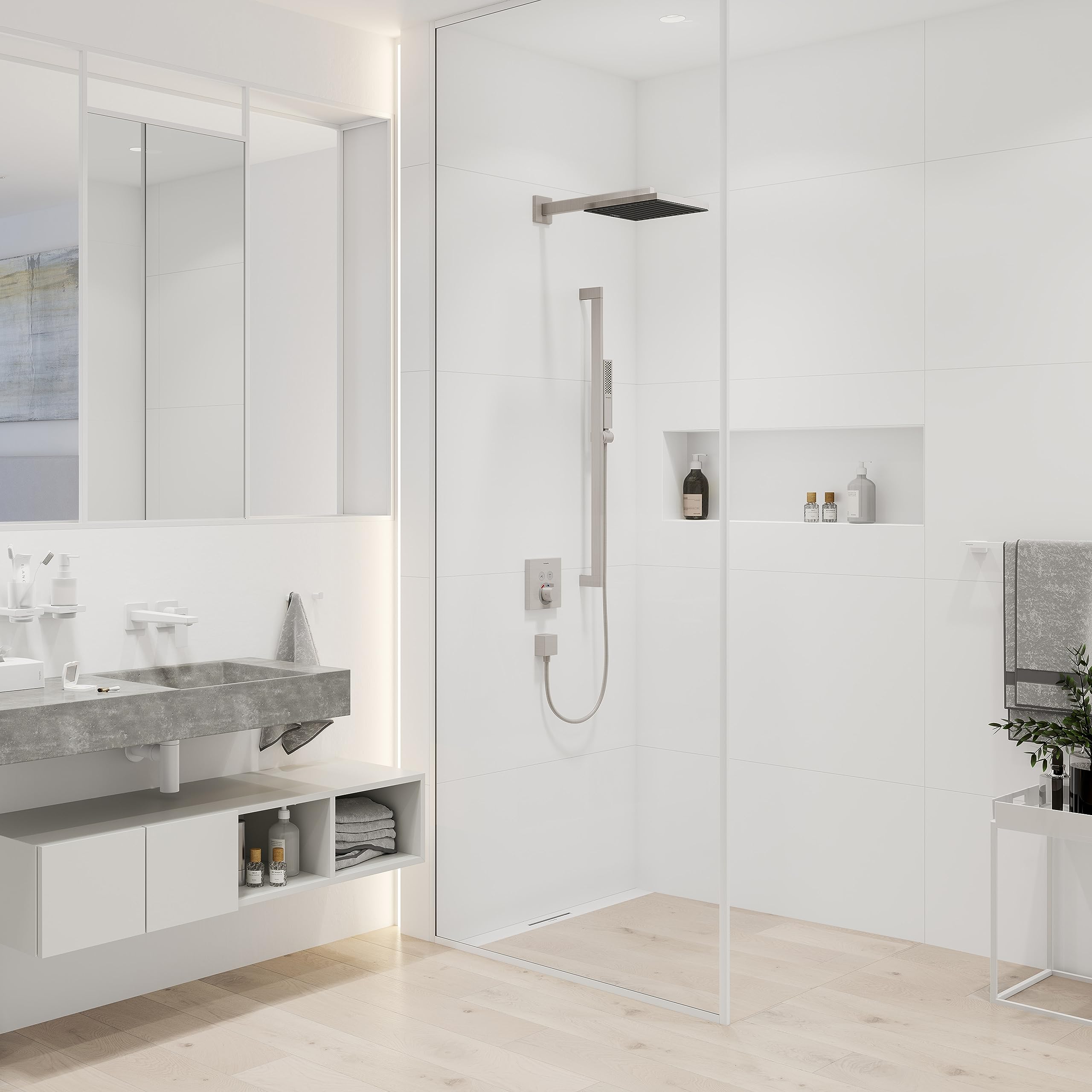 hansgrohe Pulsify E - Brazo de ducha moderno de 15 pulgadas en níquel cepillado, 24337821