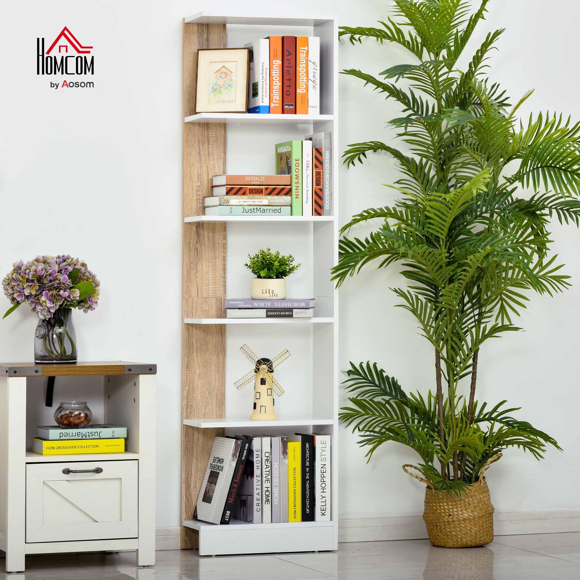 HOMCOM Estantería de Almacenaje 5 Estantes 45x21x170 cm Blanco Roble | Librería Multiusos, para Estudio Oficina, Base Elevada, Diseño Elegante