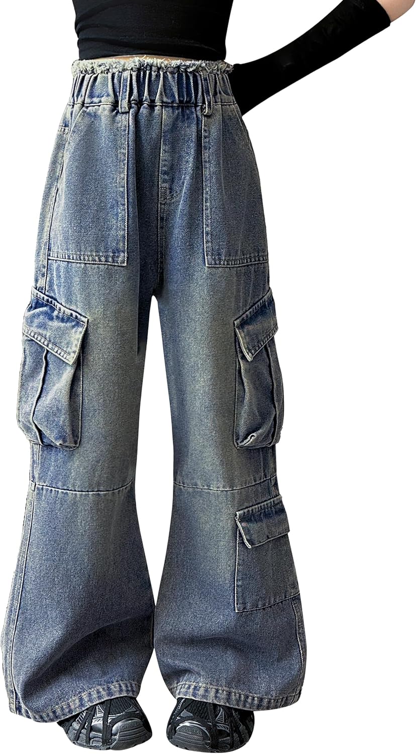 Rolanko Girls Cargo Pants Baggy Y2K Cargo Trousers Jeans Wide Leg Pants with Multi Pockets 4-15 Years