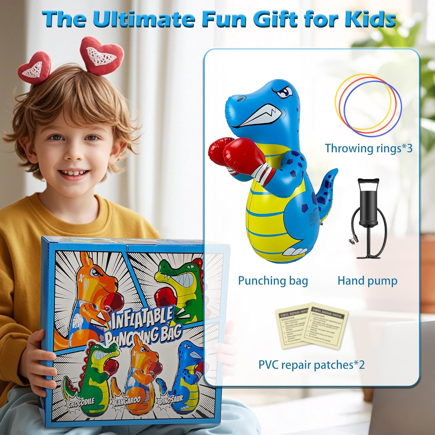 Kids Punching Bag with Air Pump, 50” Freestanding Inflatable Boxing Training Bag for Ages 3-8, Bounce Back Reflex Punching Bag for Fitness & Coordination