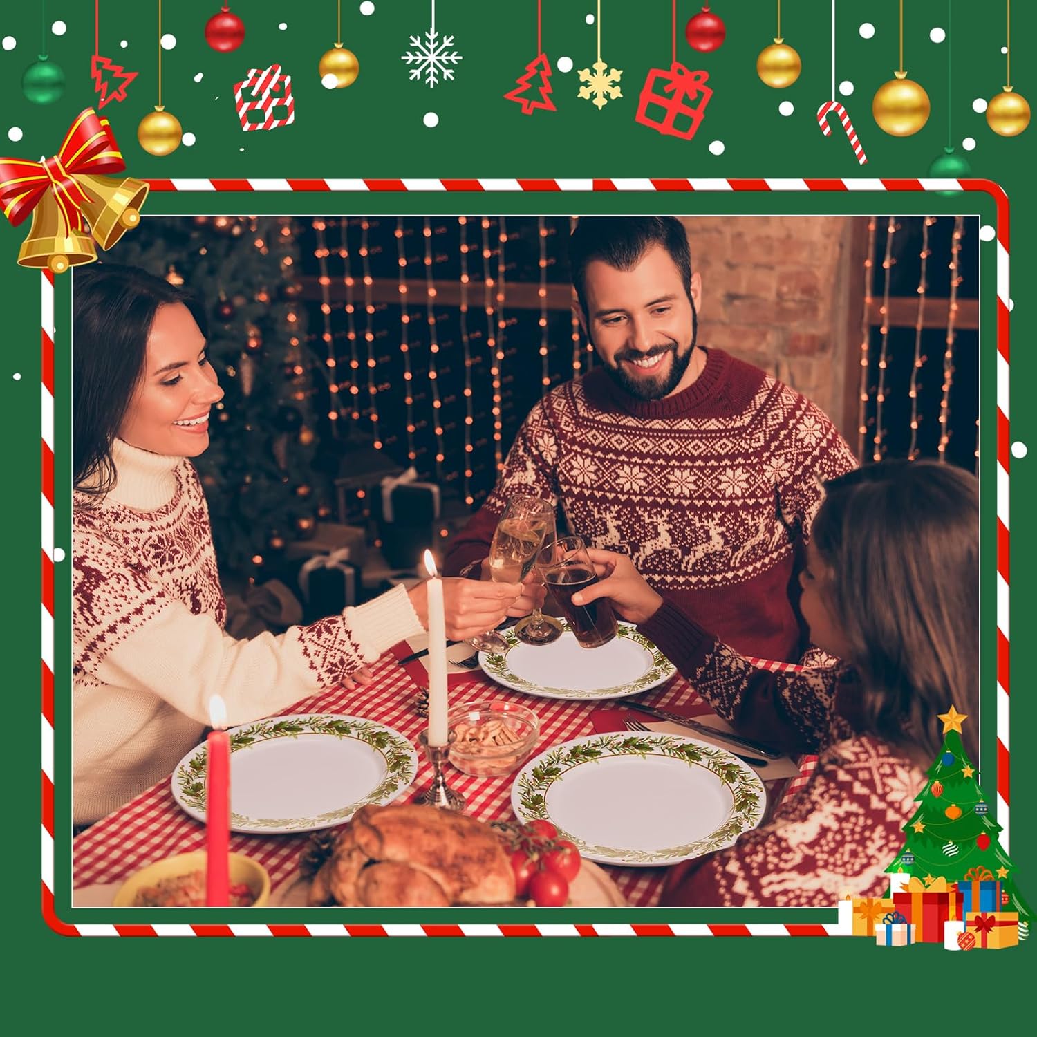 Layhit 10 Pcs Christmas Holly Melamine Dinner Plates - Holly Plates Holiday Dinnerware Party Dishes for Home Kitchen Picnic Party Event Supplies(11 Inch)