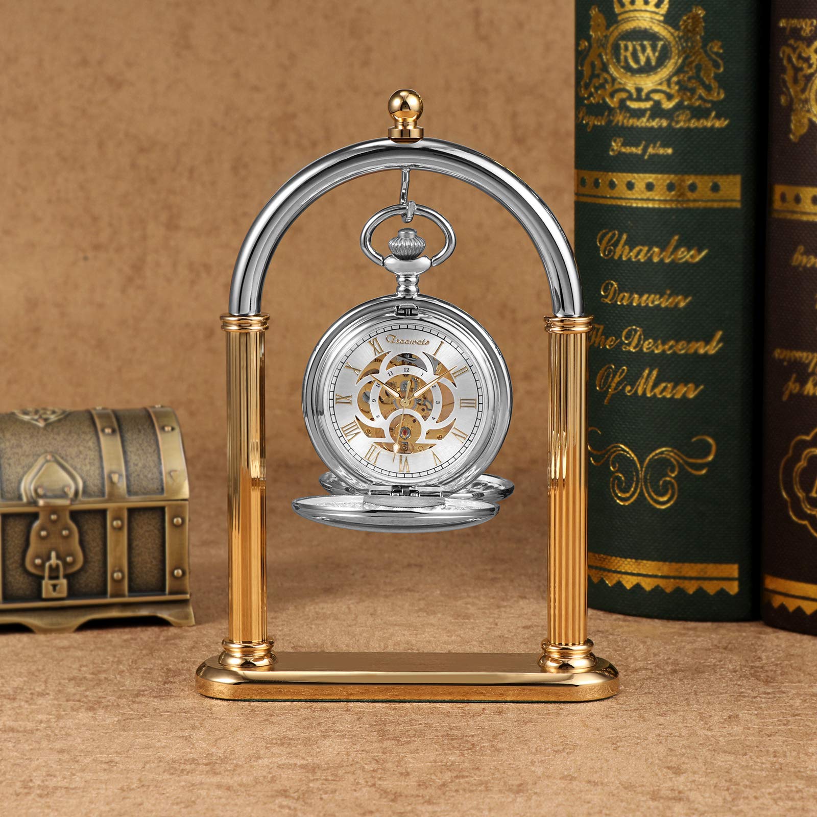 TREEWETO Taschenuhr Unisex Taschenuhr mit Kette Analog Mechanisch Handaufzug Doppelscharnier Antik Römische