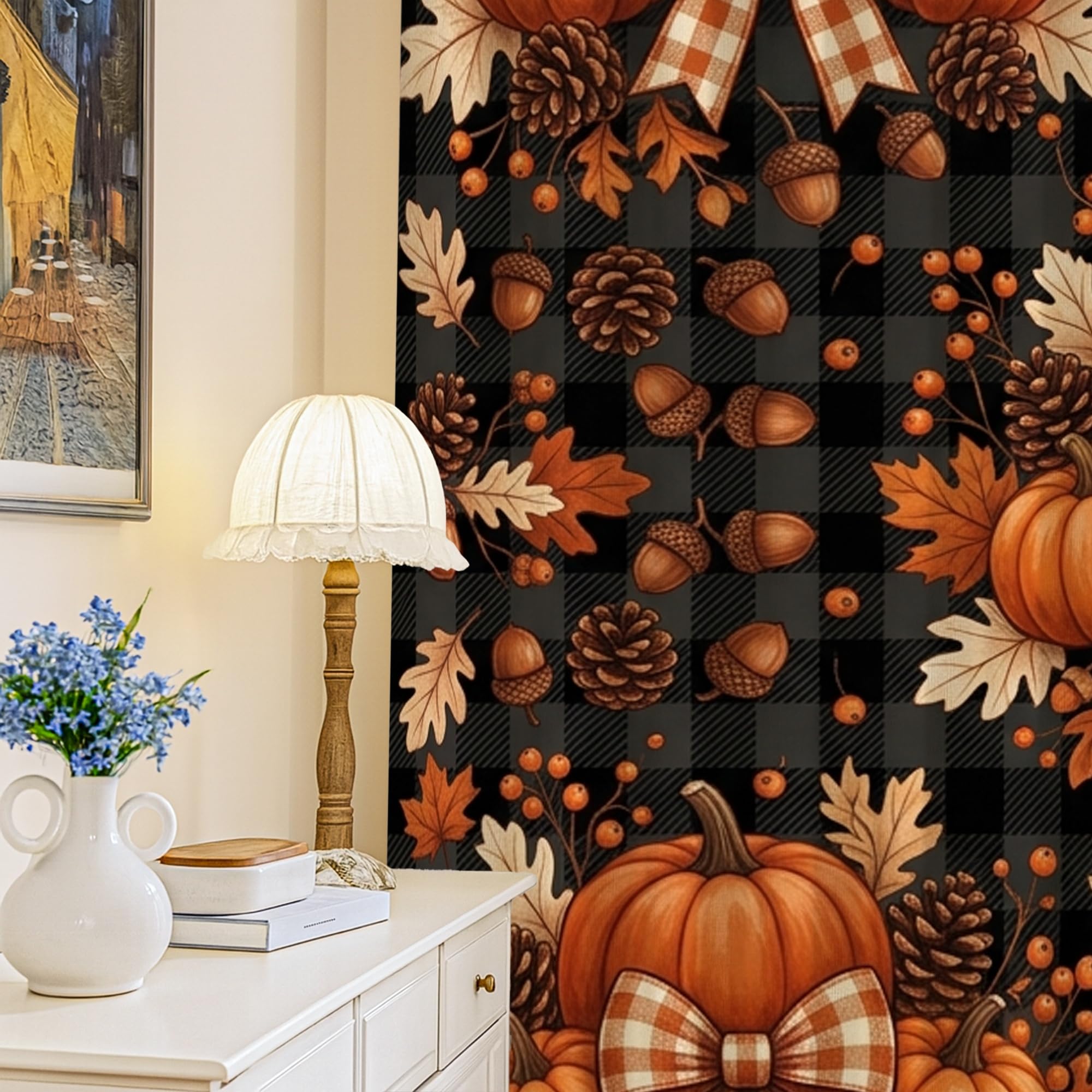 Rideaux occultants de salon ambiance automnale rustique avec citrouilles et feuilles