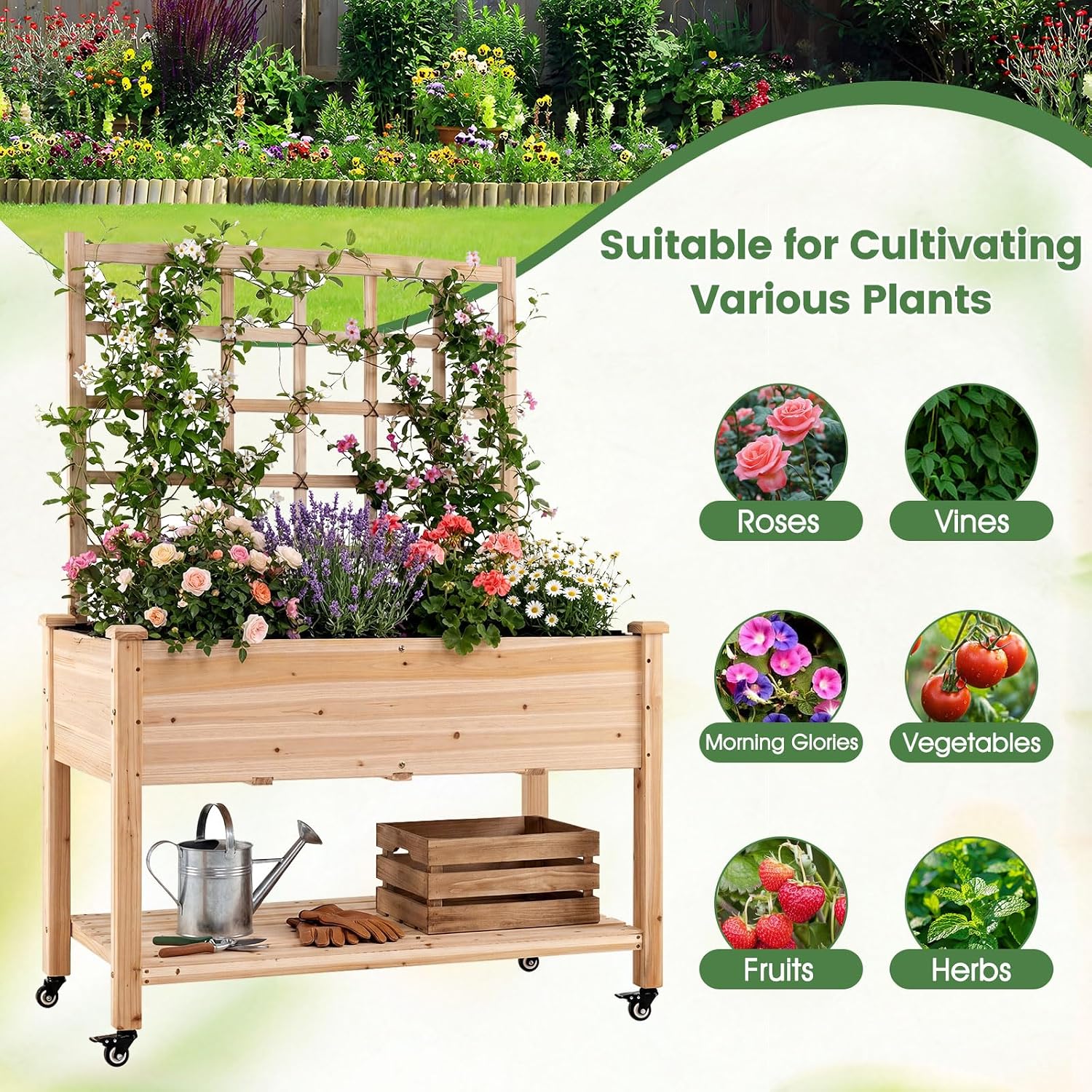 Giantex 65'' Wooden Raised Garden Bed w/Trellis on Wheels Set 2, Mobile Elevated Planter Box w/Legs, Liner & Drainage Holes for Climbing Plant Vegetable Herb Flower, Outdoor Garden Box, Backyard