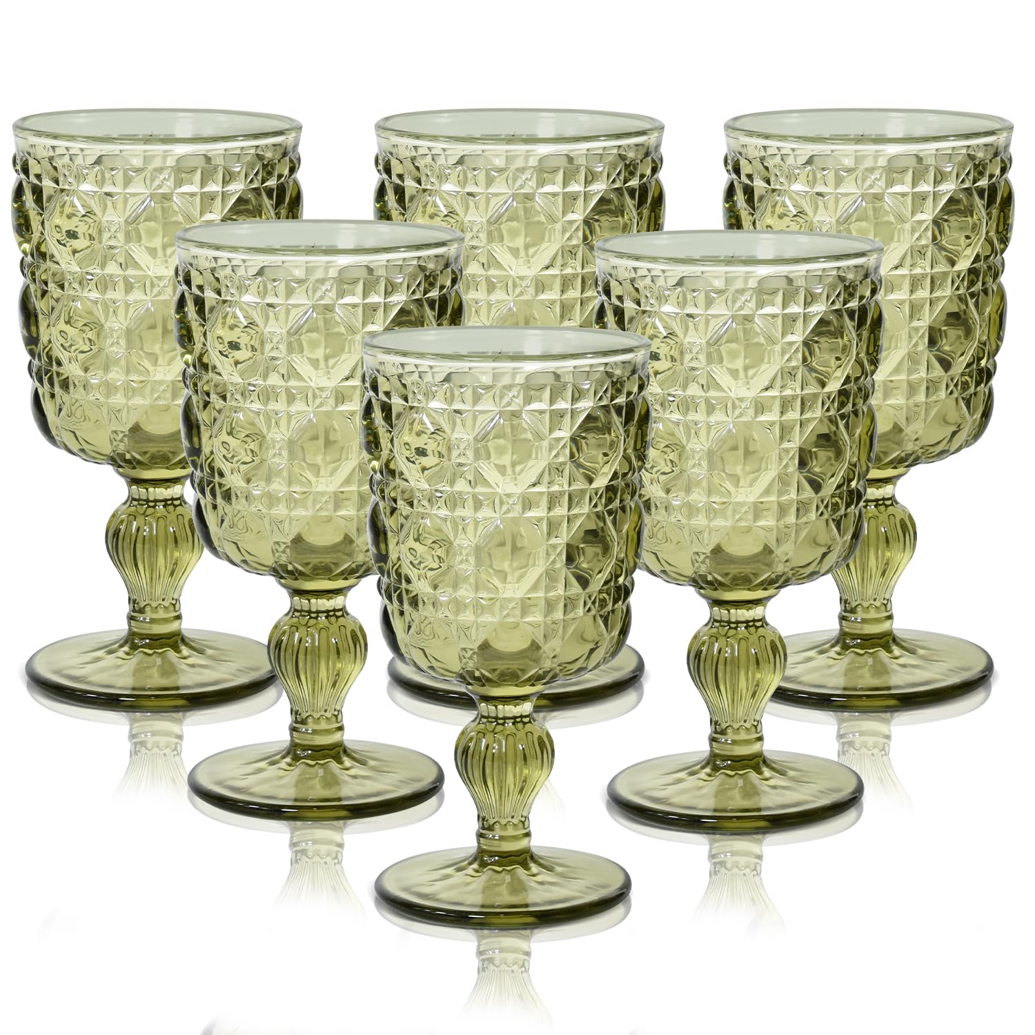 Vintage Wine Glasses Set of 6, 12 OZ Colored Glass Water Goblets, Embossed Floral Decorative Crystal Glass Cups Set, Dishwasher Safe, for Wedding, Party, Bars, Restaurants, Green