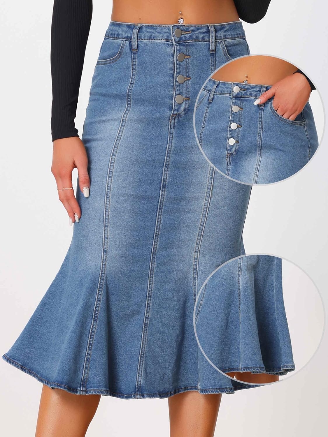 Allegra K Denim Skirt for Women's Washed High Waisted Fishtail Midi Jean Skirts - Image 4