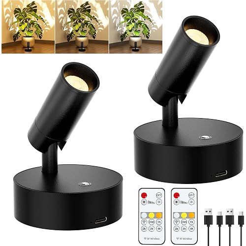 LED Rechargeable Spotlight Indoor, Battery Operated Spot Lights with Remote Control & Timer, Small Dimmable Wireless Wall Lamp Accent Lighting for Pictures Plant Artwork Reading Black 2 Pack