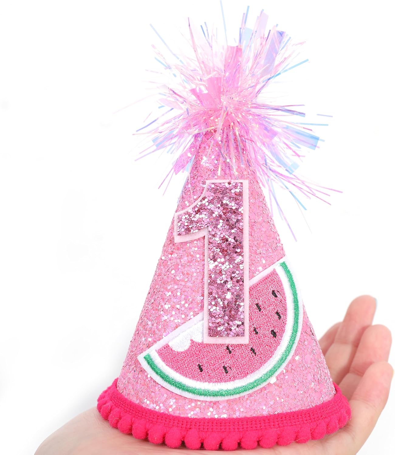MADENG Watermelon 1st Birthday Decorations - One In A Melon Hat,Pink Glitter Cone Hat,Summer Fruit Party Photo Props,Sweet Watermelon First Party Crown