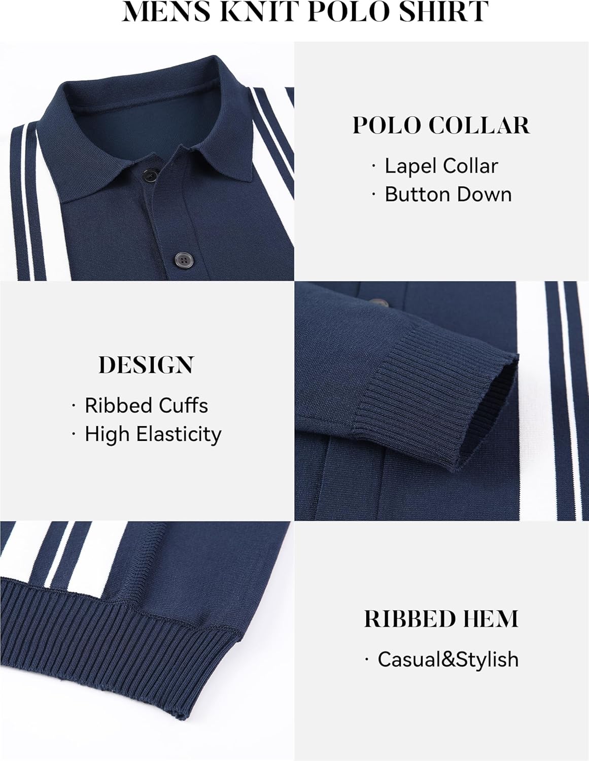 Esabel.C Men‘s Knit Button Down Shirts Long Sleeve Stripe Sweater Casual Ribbed Fashion Polo Shirts for Men - Image 4