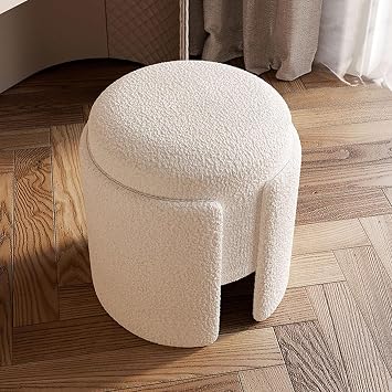 Stool Ottoman Round Lamb Wool Luxurious Soft Furry Multifunctional Sturdy Foot Rest Stool Shoe Changing Stool Living Room Bedroom Entryway White