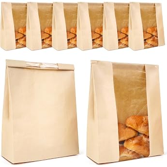 Winter Shore Bread Bags Paper Large Baker Pack of 50 - Food Safe Brown Paper Bags with Window - Paper Bags Brown for Homemade Bread Sourdough Loaf Biscuits Gifts - 21 x 9 x 35 cm