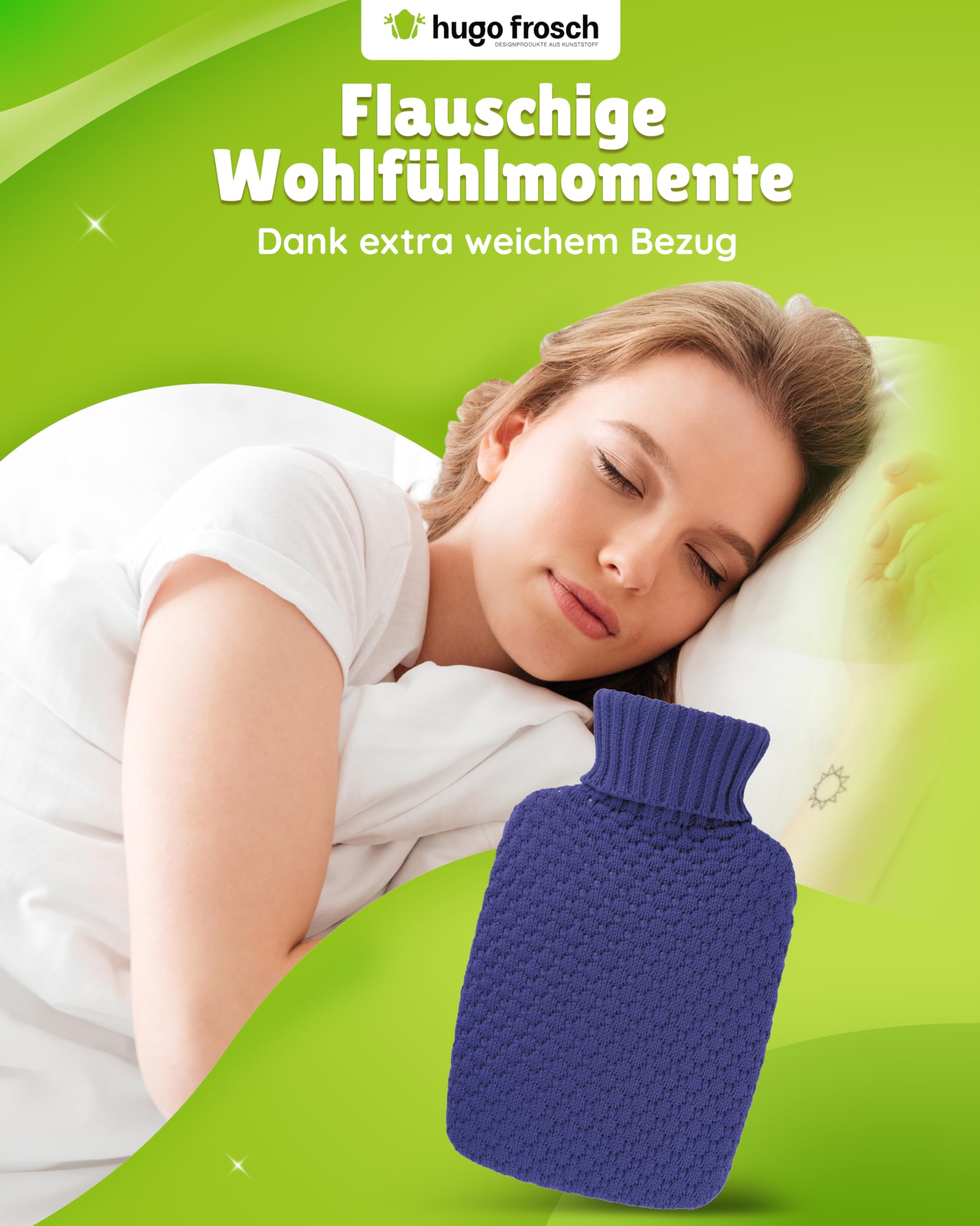 Hugo Frosch Wärmflasche Plant 1,8l – Made in Germany – mit kuscheligem Strickbezug Blau aus Bio-Baumwolle – große, auslaufsichere Bettflasche - mit waschbarem Bezug