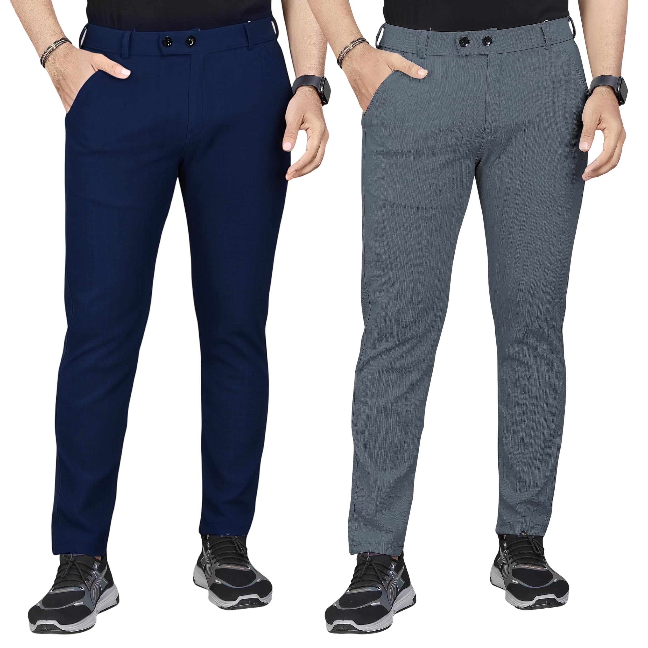 Men's Casual Trousers | Regular Fit Self-Design Mid-Rise Bottoms | Premium Cotton Blend Pants for Office and Outings (Pack of 2)-picture-43