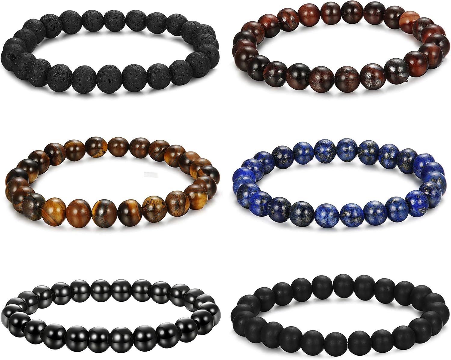 FIBO STEEL 5-6 Pcs 8MM Natural Healing Stone Bracelets for Men Women Beaded Bracelets Elastic