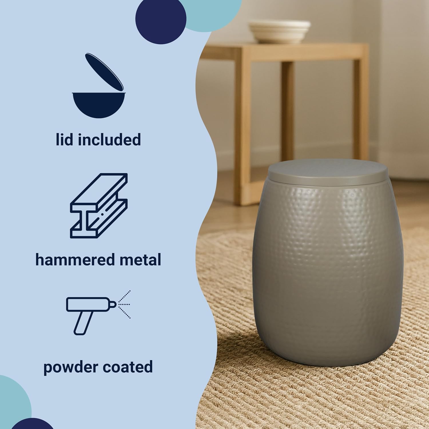 happimess SSL2001D Merida 15" Modern Rustic Hammered Metal Drum Storage Side Table with Lid, End Table for Decoration in Living Room, Bedroom, Bathroom, Almond