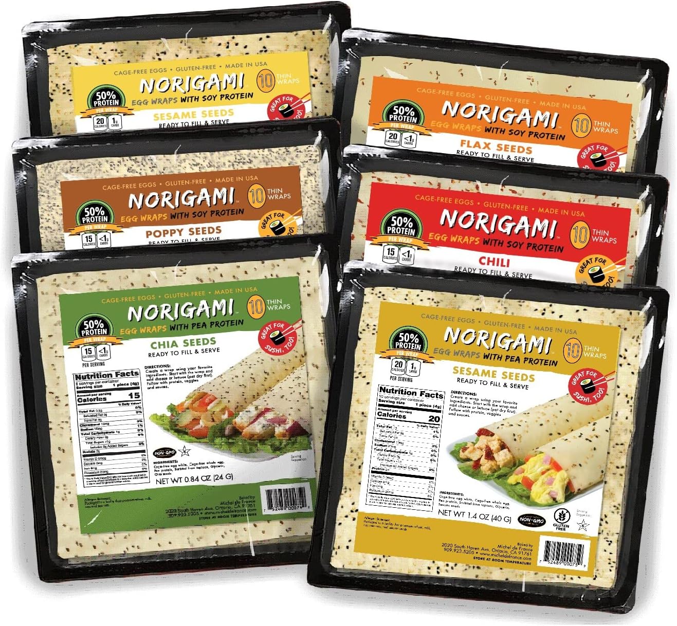 Norigami Non-GMO Gluten-Free Soy Wraps Sesame Seeds, Soy Wraps Chili, Soy Wraps Poppy Seed, Soy Wraps Flax Seeds, Pea Wraps Chia Seeds, and Pea Wraps Sesame Seeds (10 Wraps Per Pack) (6 Packs)