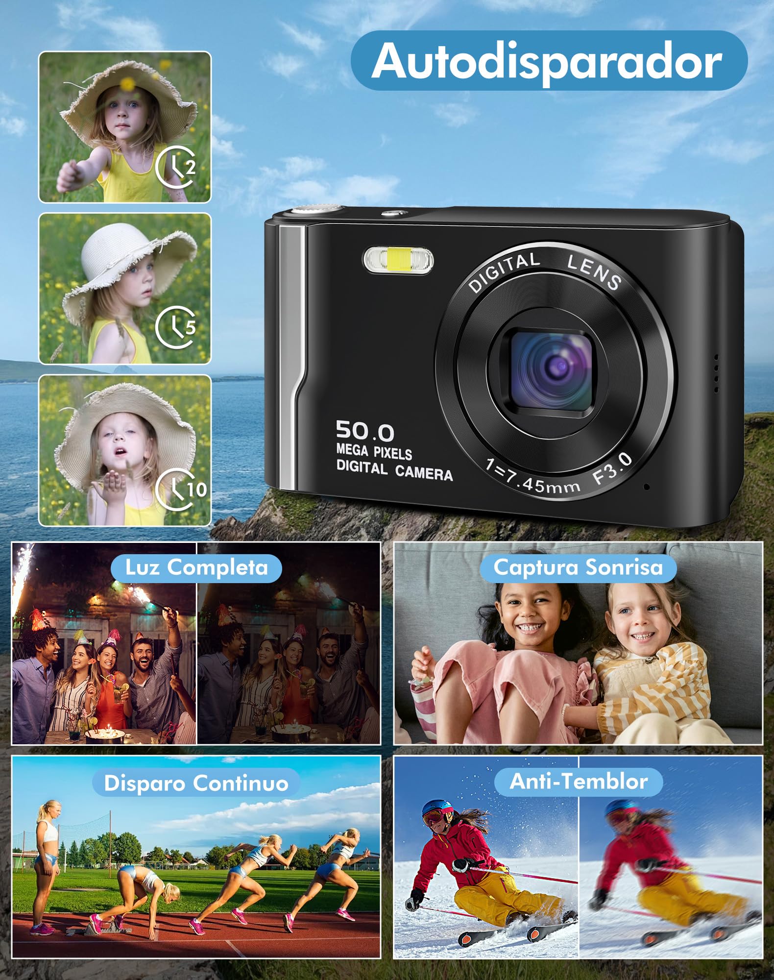 Cámara Digital, Camara de Fotos 4K 50MP con Pantalla de 2,8″ y Zoom 16X, Camara Digital Compacta con Tarjeta 32GB, Autoenfoque y Estabilización, para Niños, Adolescentes y Principiantes, Negro
