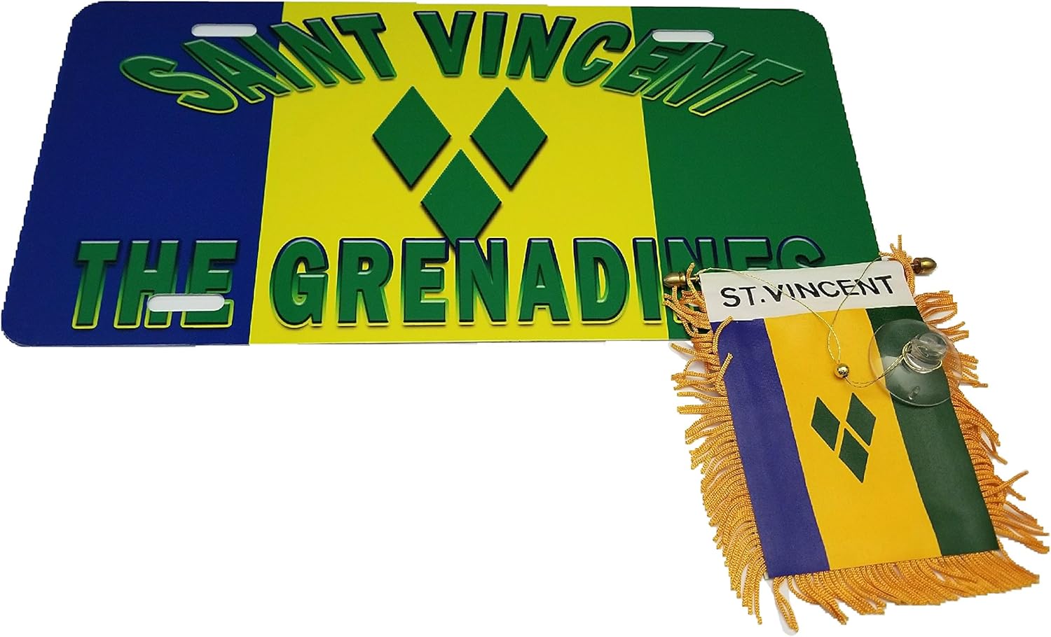 BUNFIREs 2Pcs St Vincent and the Grenadines Mini Banner Flag Window Mirror W/Vincentian License Plate
