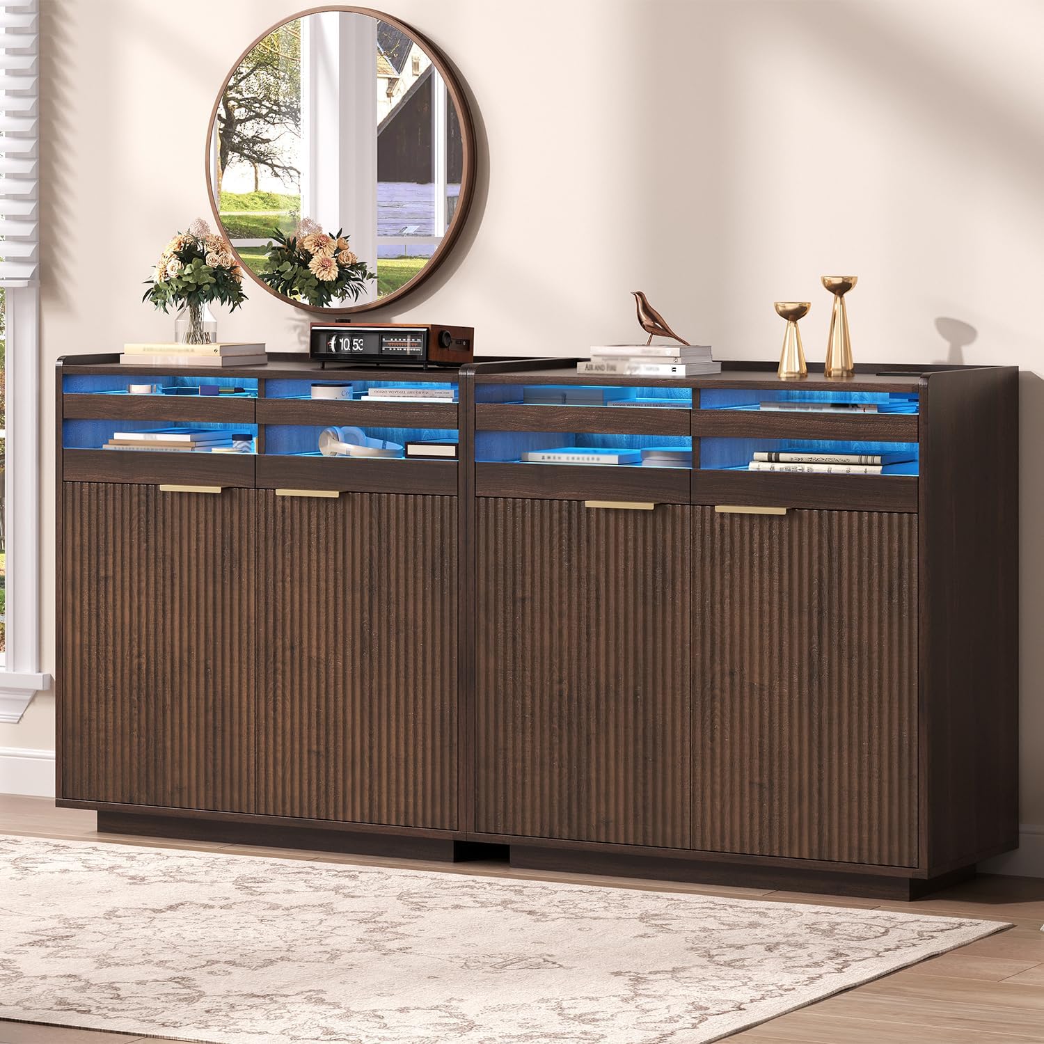 Fluted Buffet Cabinet with Storage, Modern Sideboard Credenza with LED & Anti-Drop Top Edge, 31.5" Walnut Coffee Bar Cabinet with 2 Drawers & Adjustable Shelves for Living Room (Individual Set)
