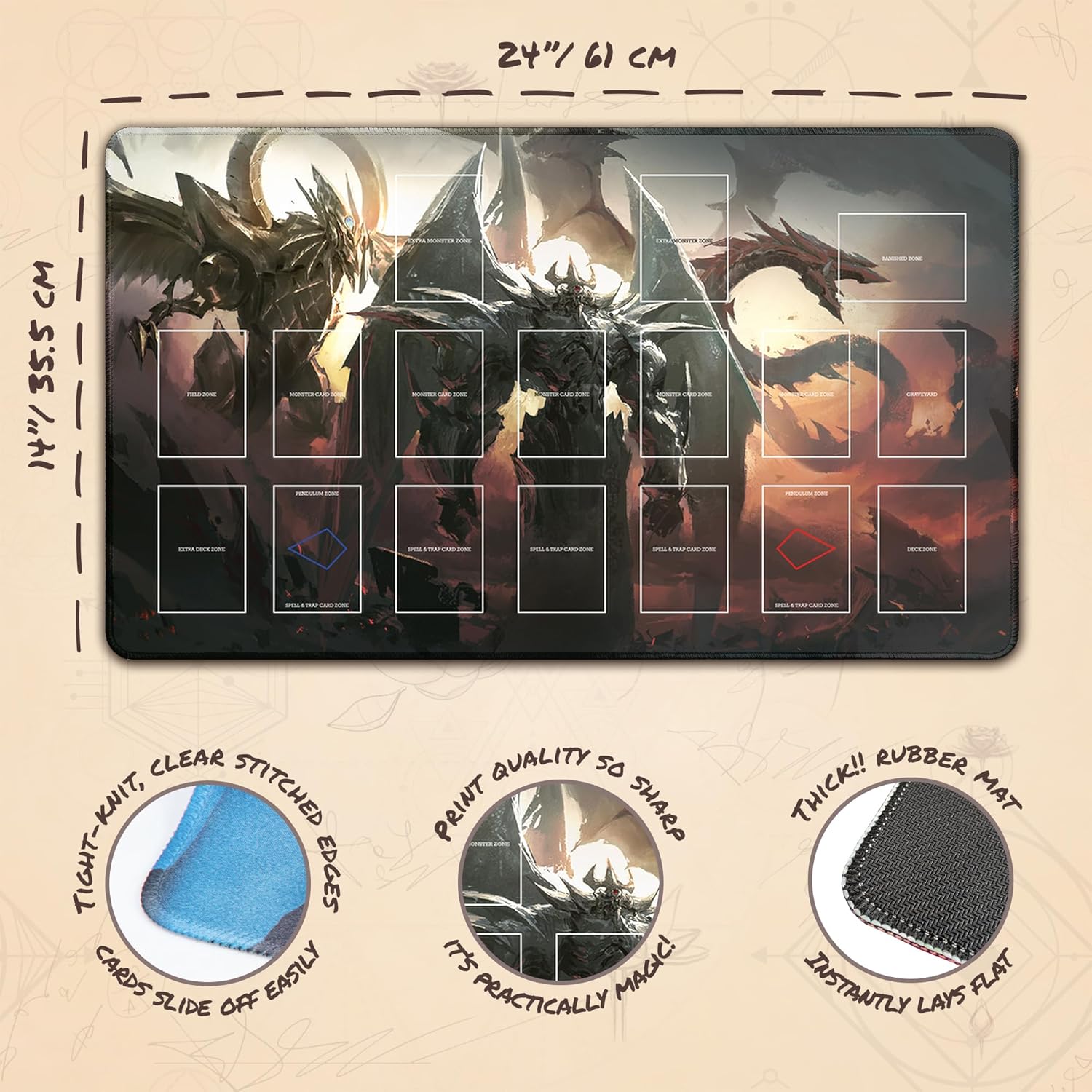 Ra, Osiris, Obelisk (Stitched) - TCG Playmat – Master Rule Duel Field Zones, Large 1-Player Japanese Anime Card Game Mat