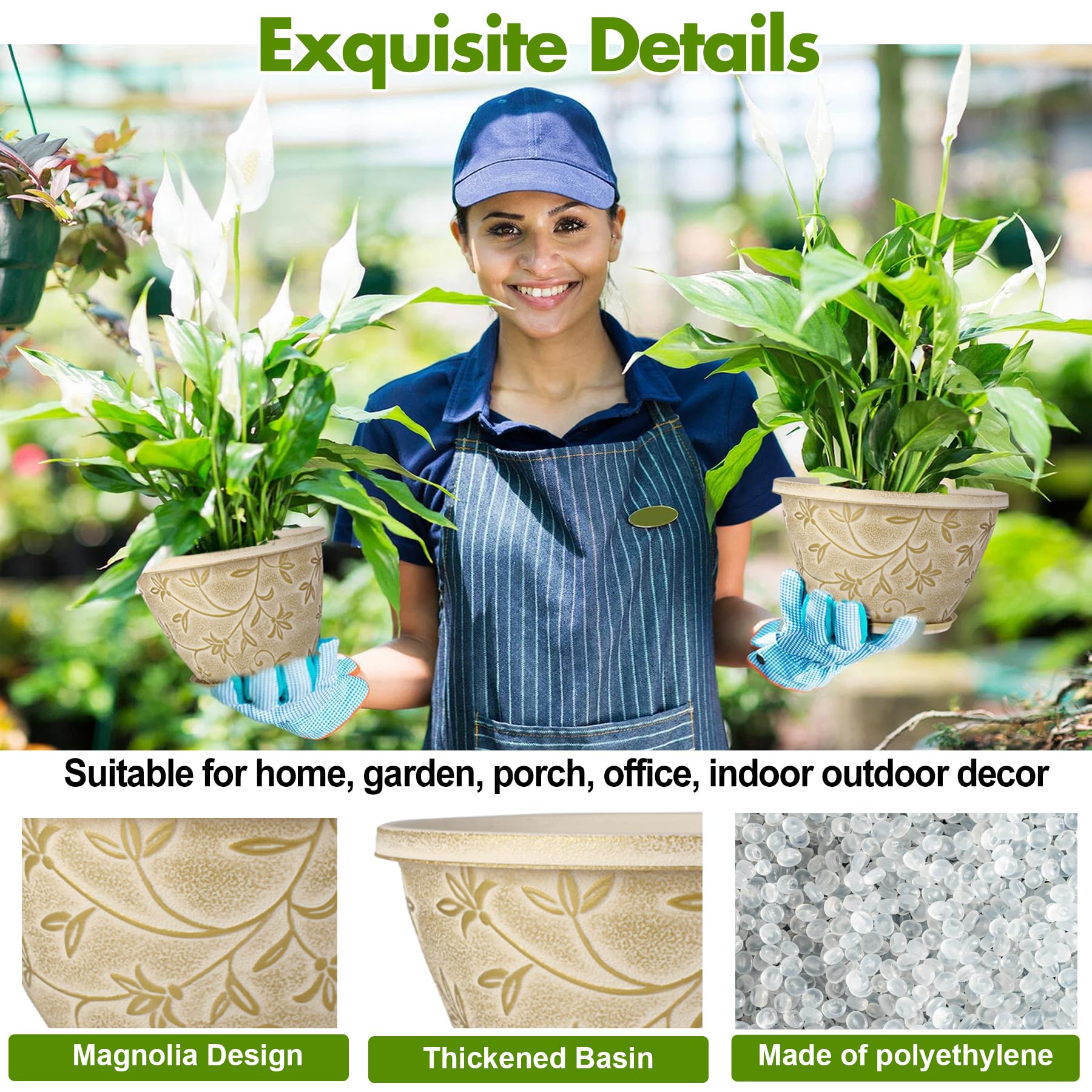 Nooulap Maceta de 8 pulgadas con agujero de drenaje, paquete de 4 macetas de plástico para plantas de interior y exterior, maceta pequeña decorativa para escritorio, balcón y jardín (beige)